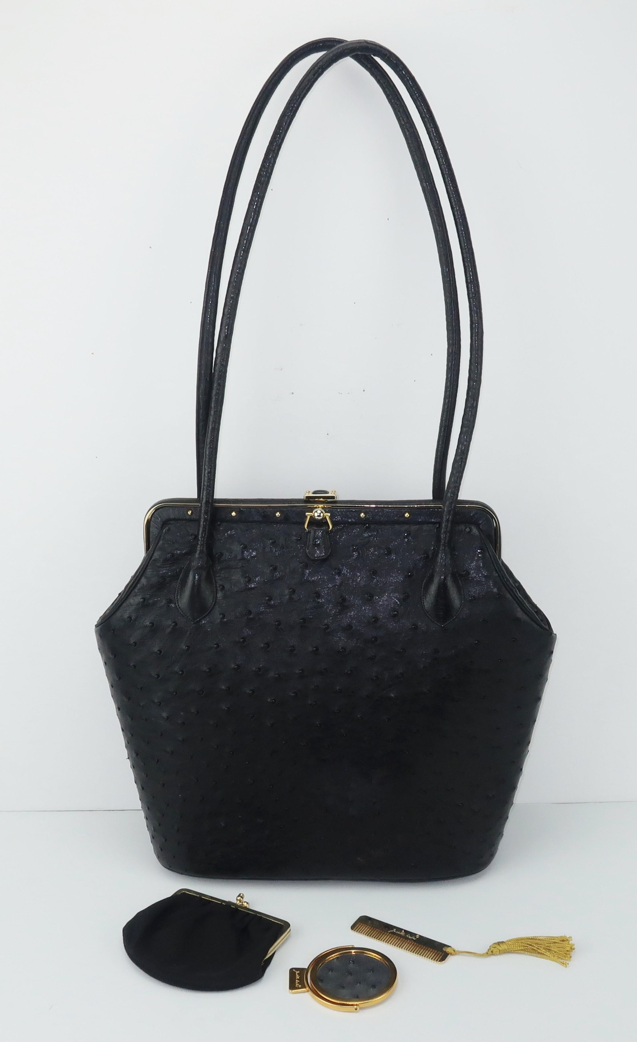 Judith Leiber Large Black Ostrich Leather Handbag With Gold Studs In Good Condition For Sale In Atlanta, GA