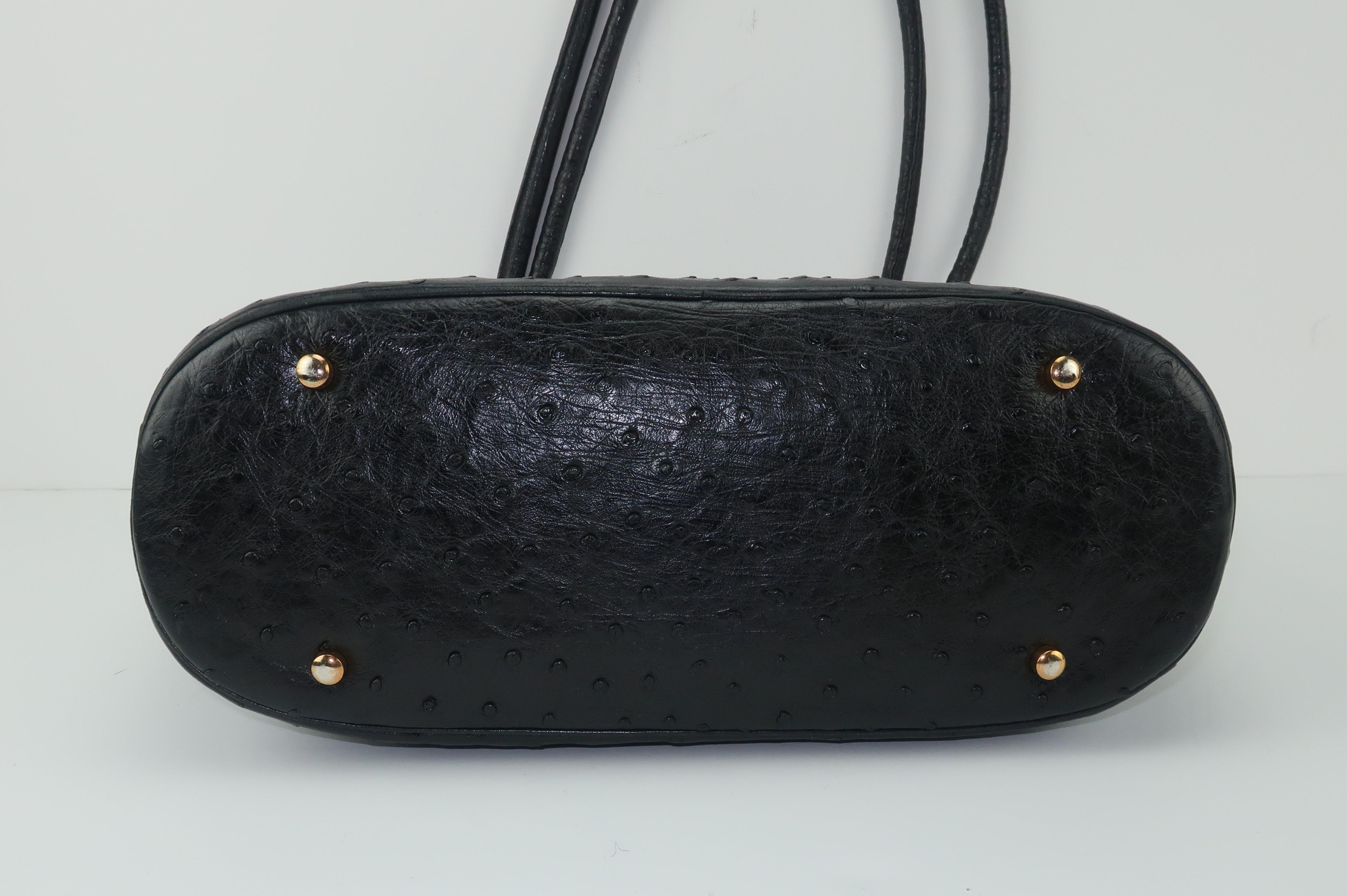 Judith Leiber Large Black Ostrich Leather Handbag With Gold Studs For Sale 3