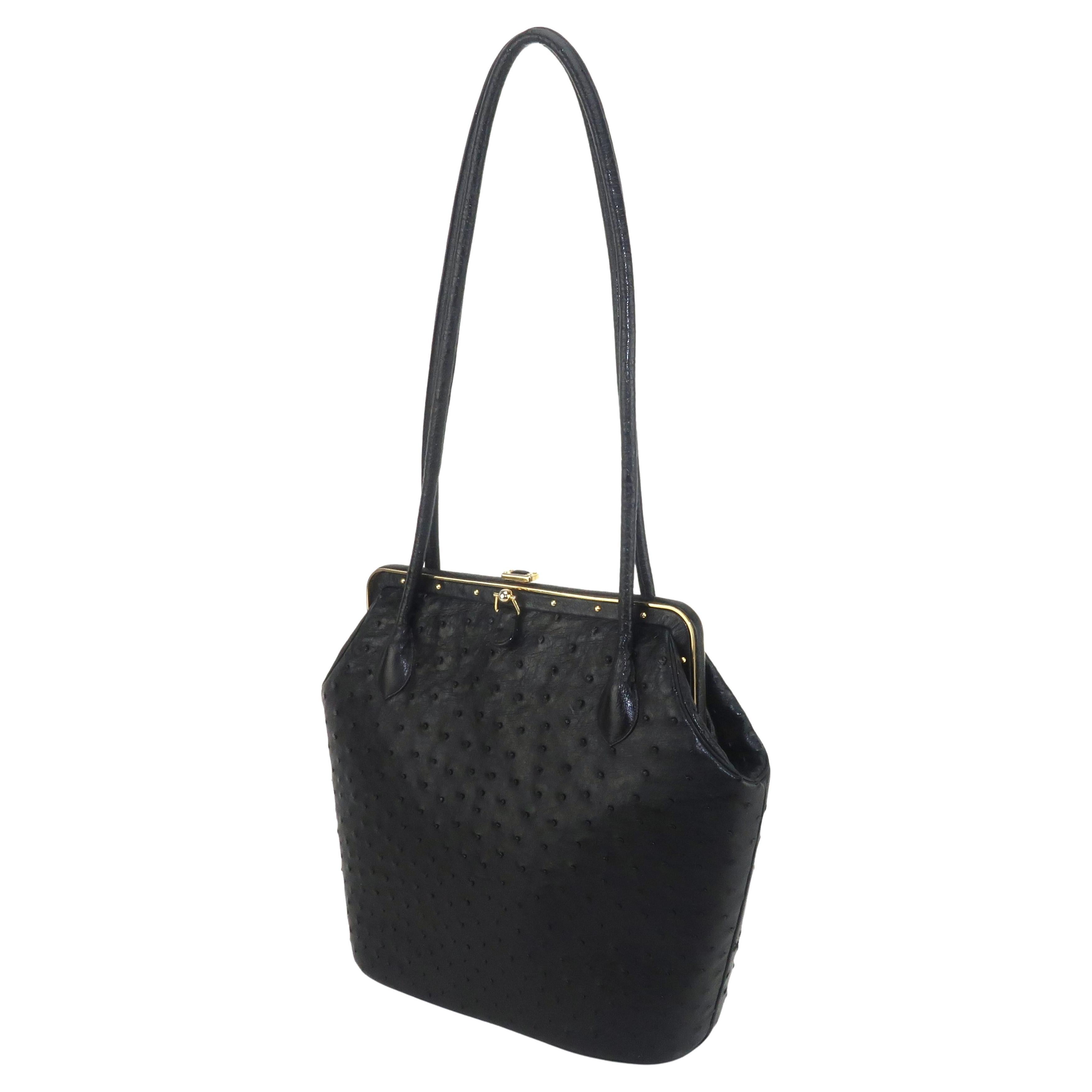 Judith Leiber Large Black Ostrich Leather Handbag With Gold Studs For Sale
