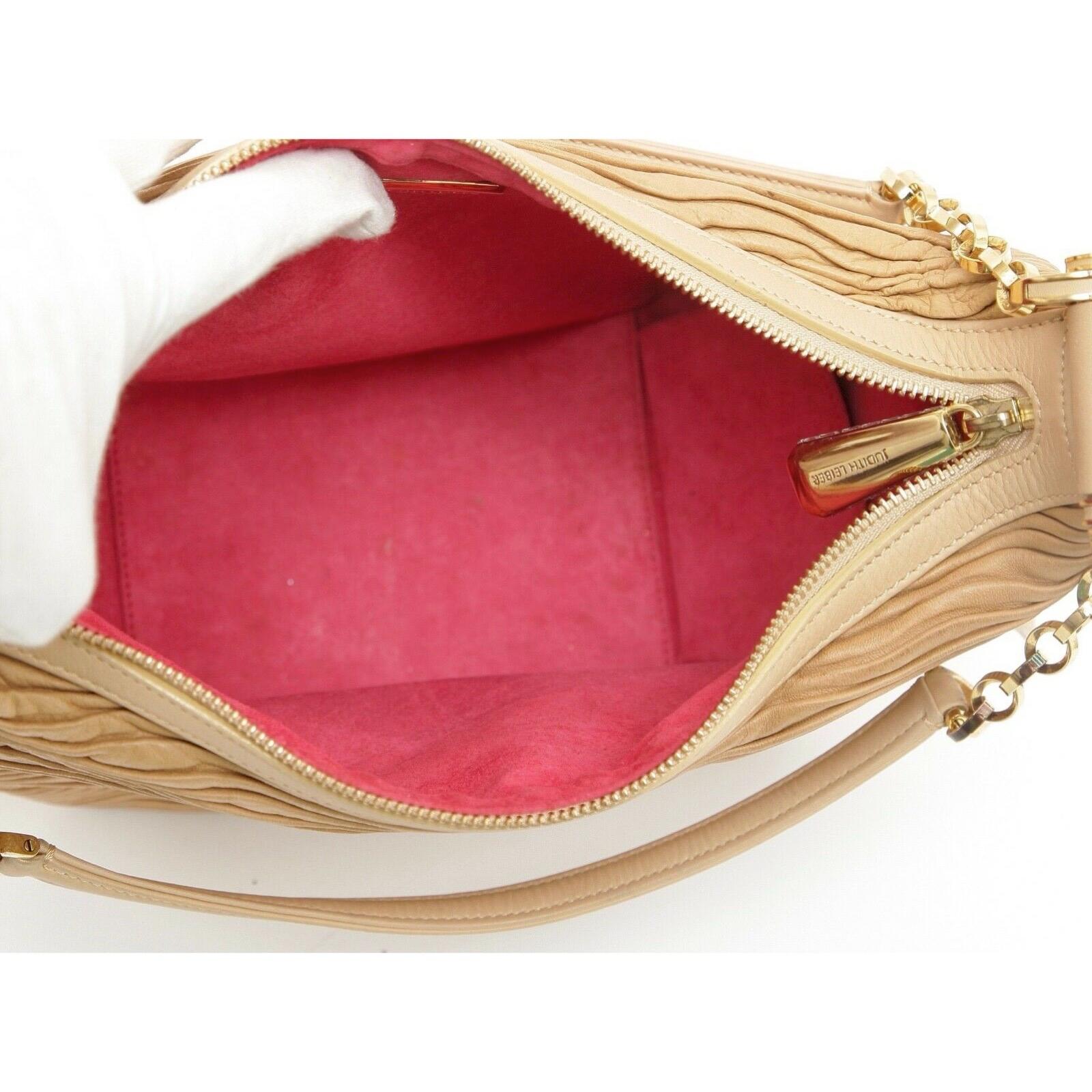 JUDITH LEIBER Shoulder Bag Hobo Leather Beige Gold-Tone HW Crystal Top Zipper For Sale 6