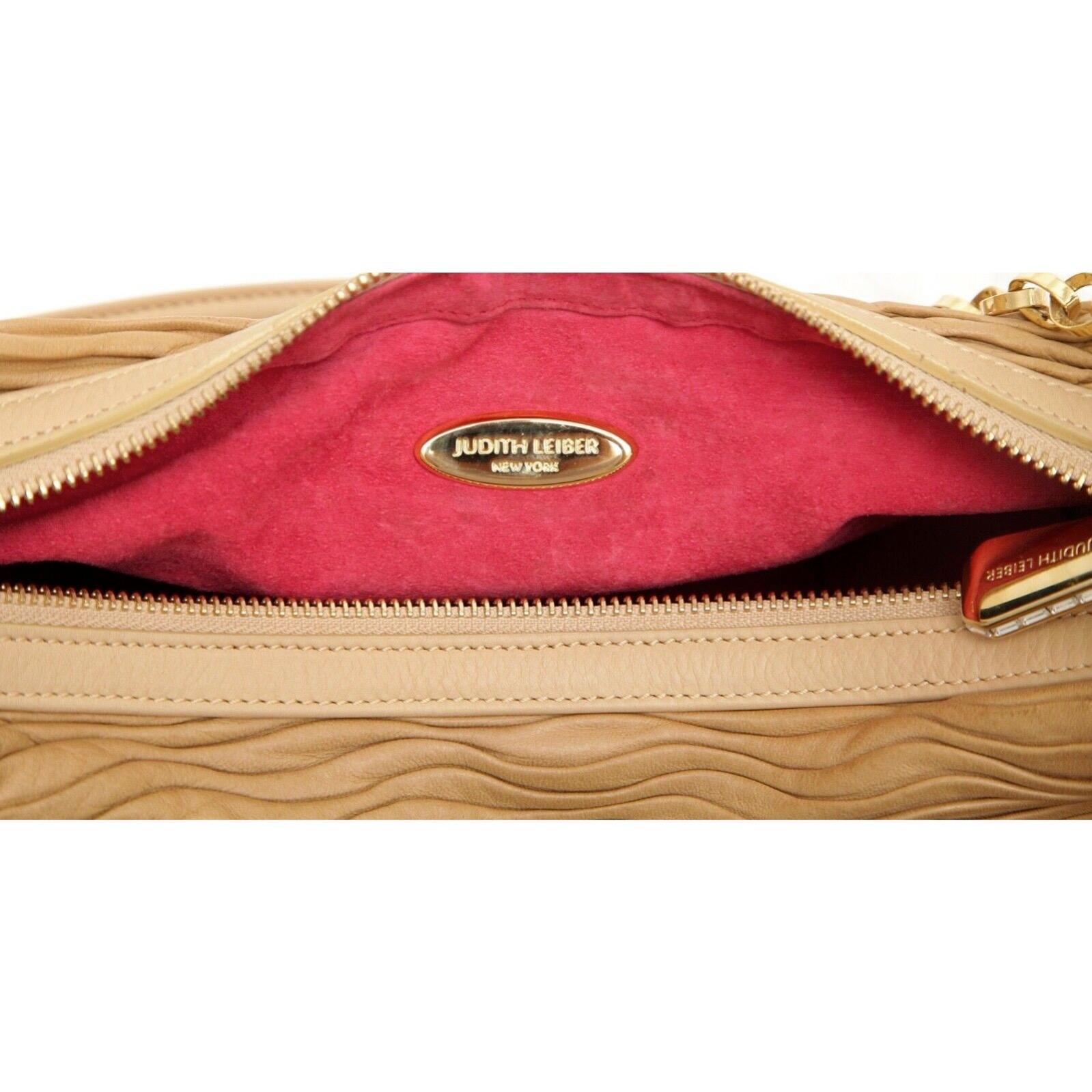 JUDITH LEIBER Leather Shoulder Bag Hobo Beige Gold-Tone HW Crystal Top Zipper For Sale 7