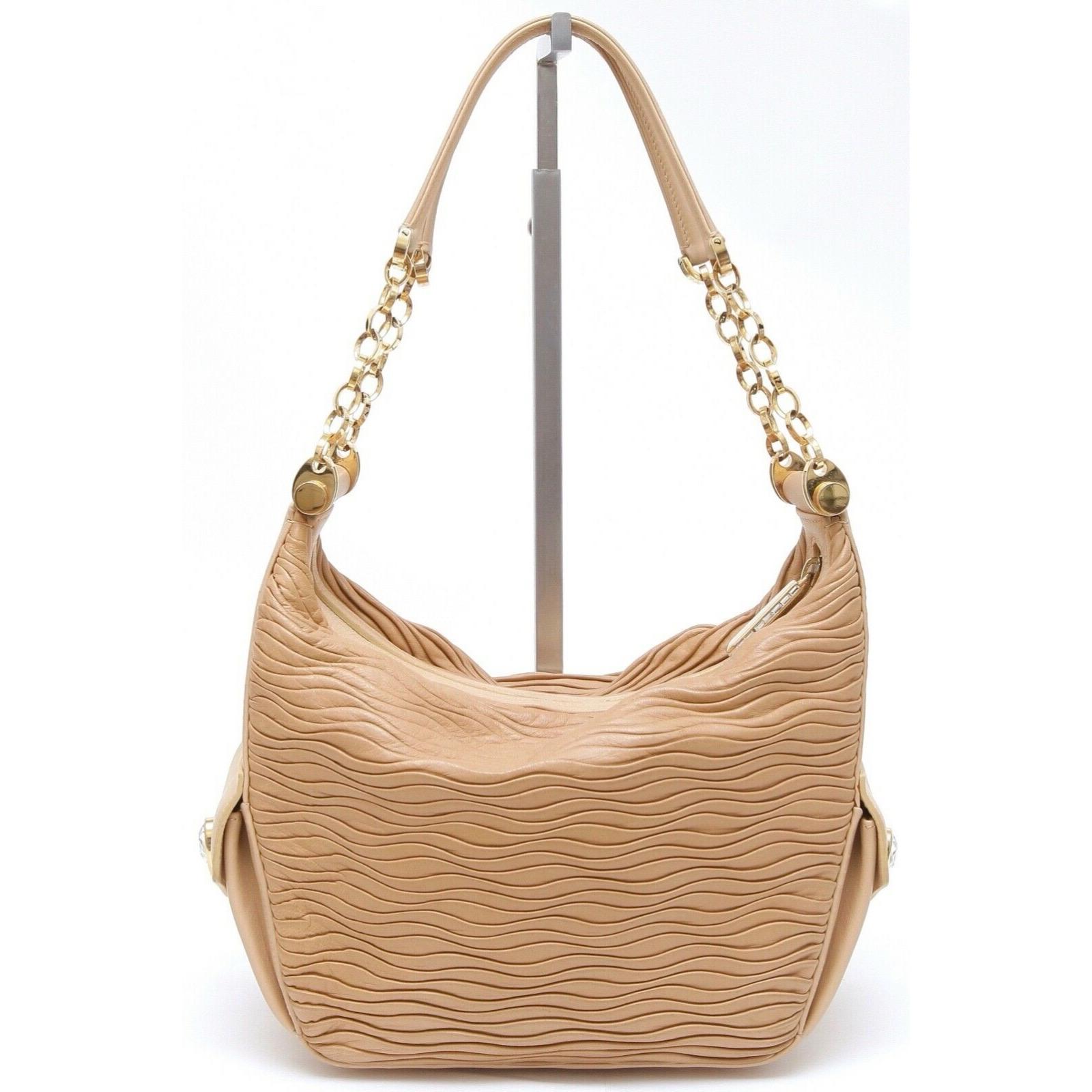JUDITH LEIBER Shoulder Bag Hobo Leather Beige Gold-Tone HW Crystal Top Zipper For Sale 8