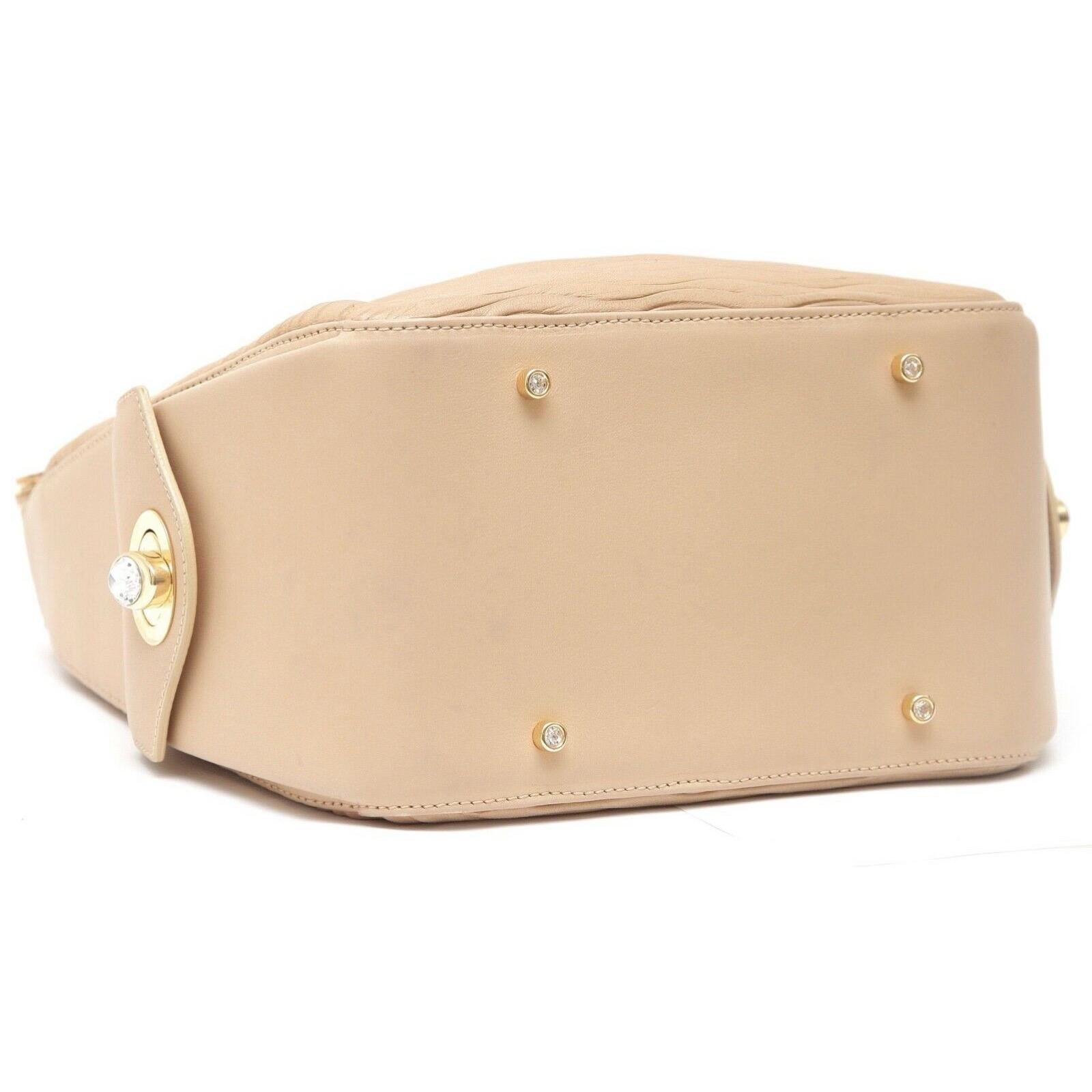 JUDITH LEIBER Leather Shoulder Bag Hobo Beige Gold-Tone HW Crystal Top Zipper For Sale 2