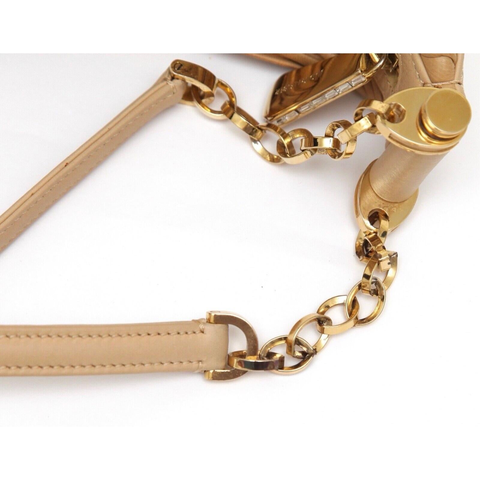 JUDITH LEIBER Shoulder Bag Hobo Leather Beige Gold-Tone HW Crystal Top Zipper For Sale 5