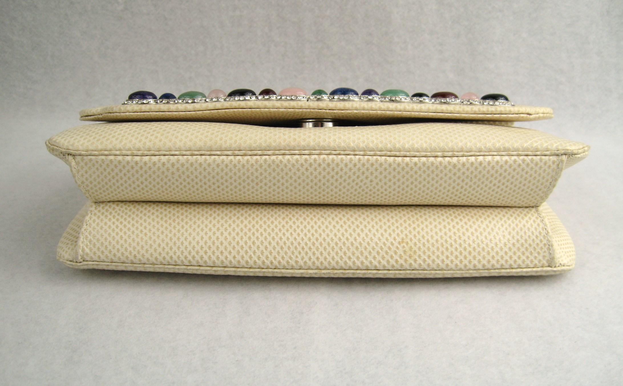 Judith Leiber Lizard Leather Evening Bag Handbag Clutch - Semi - Precious Stones In Excellent Condition For Sale In Wallkill, NY
