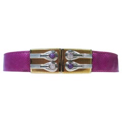 Vintage JUDITH LEIBER Magenta Lizard Skin Adjustable Belt with Metal Buckle