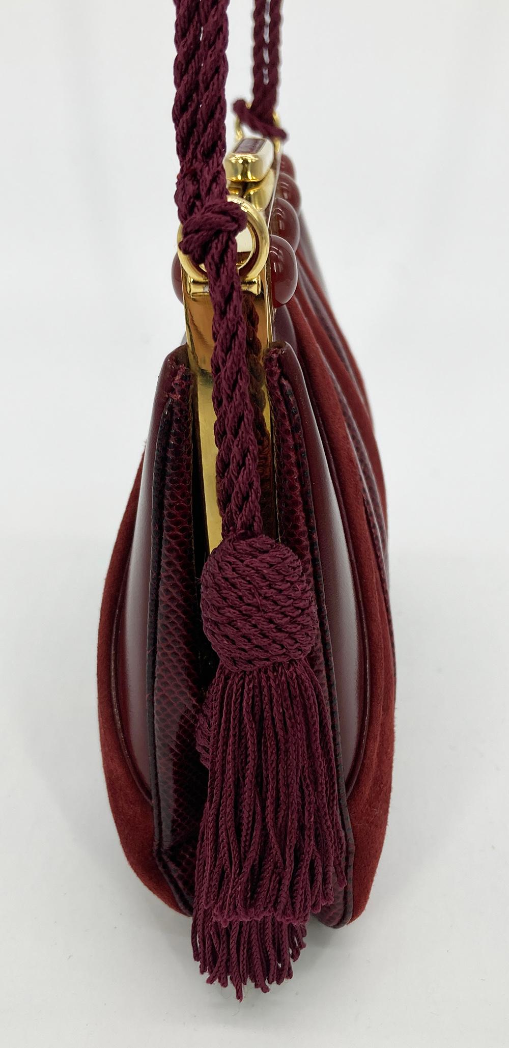 Judith Leiber Maroon Leather Suede and Lizard Tassel Strap Shoulder Bag In Excellent Condition In Philadelphia, PA