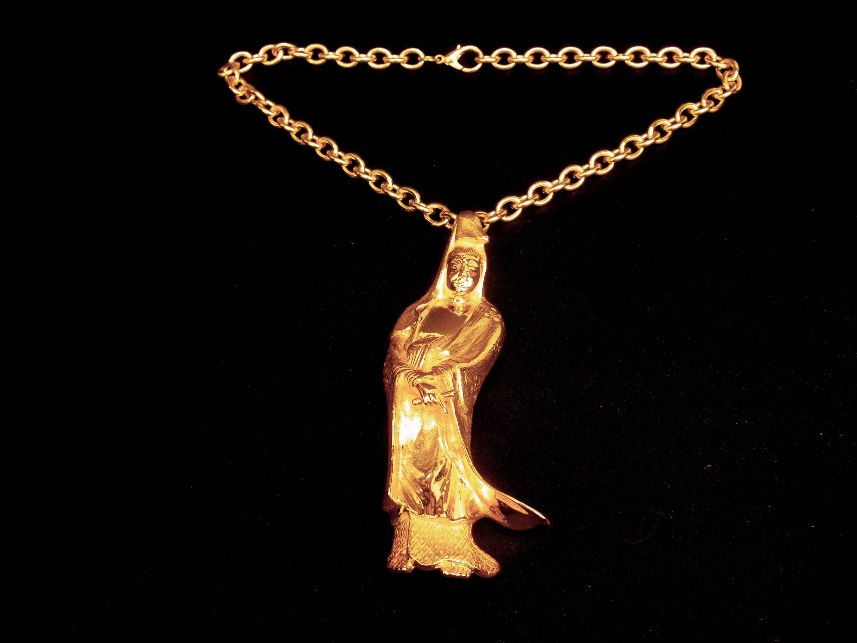 Artisan Judith Leiber Massive Figural Gilt Metal Pendant Brooch Necklace  For Sale