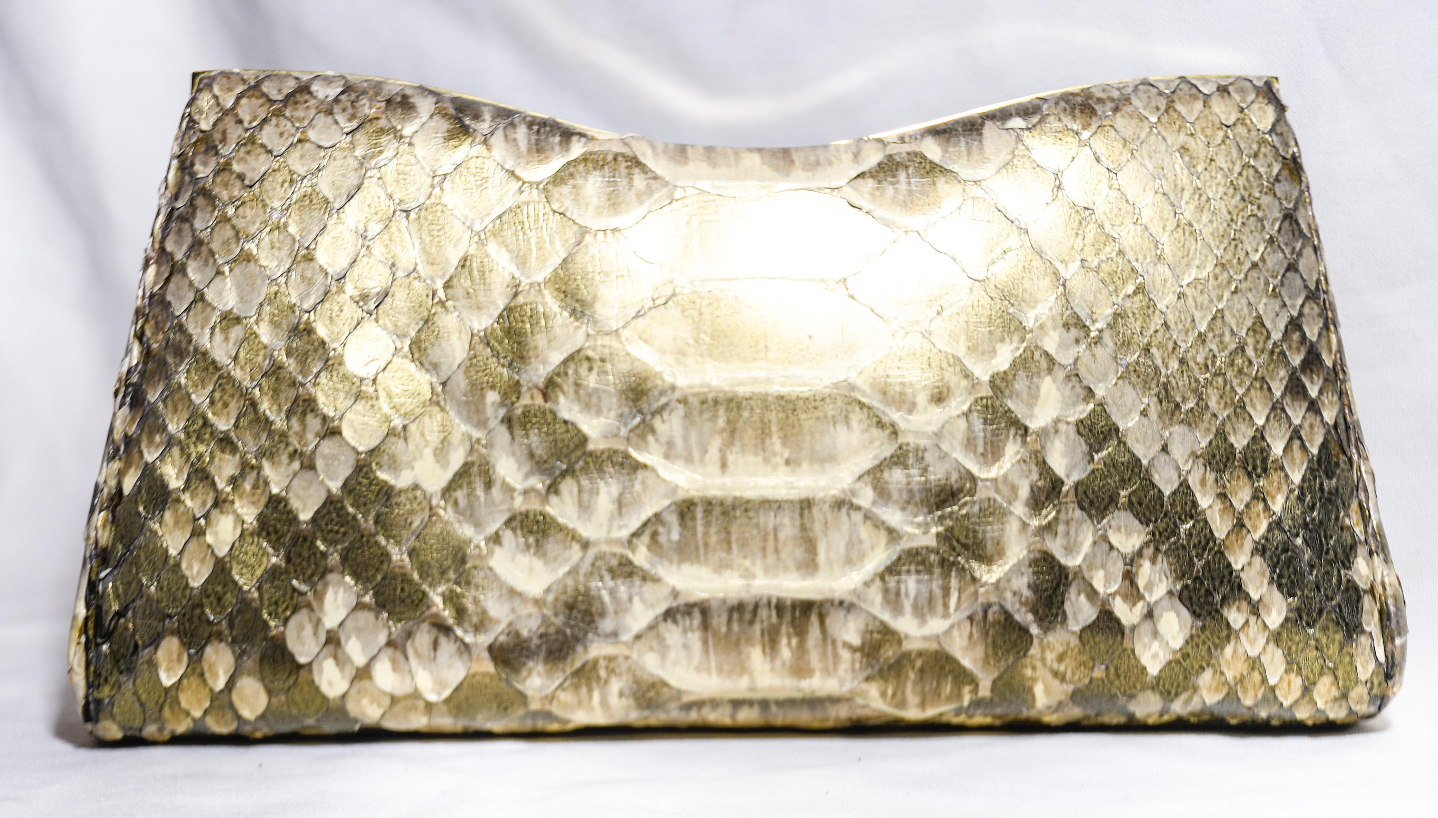 Judith Leiber Metallic Gold Tone Python Leather Clutch  In Excellent Condition In Palm Beach, FL