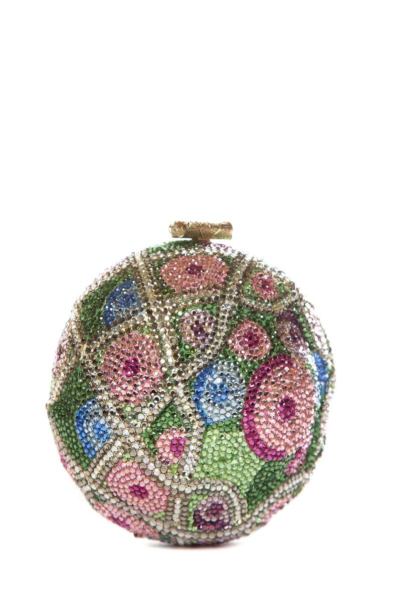 Judith Leiber multi-color Fabrege Egg evening handbag adorned by Swarovski crystals, and detachable gold tone chain shoulder strap.

This item is in very good condition with minor scratching to inner hardware.