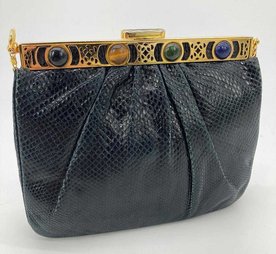 Black Judith Leiber Navy Blue Lizard Gemstone Top Shoulder Bag For Sale