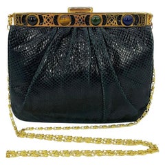 Judith Leiber Navy Blue Lizard Gemstone Top Shoulder Bag