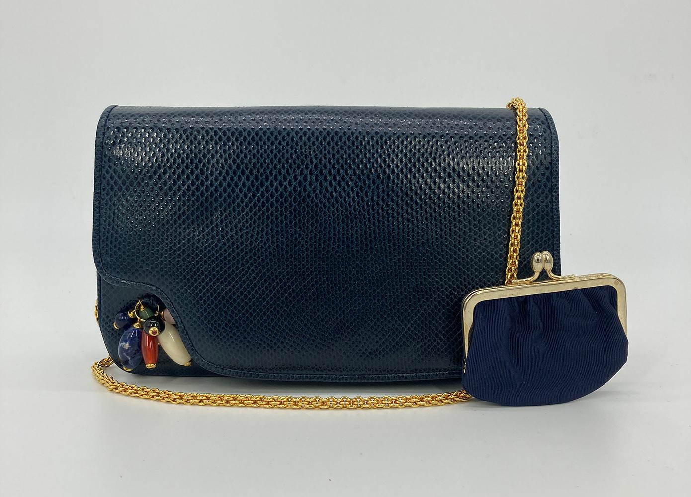 Judith Leiber Navy Lizard Gemstone Beaded Clutch For Sale 6