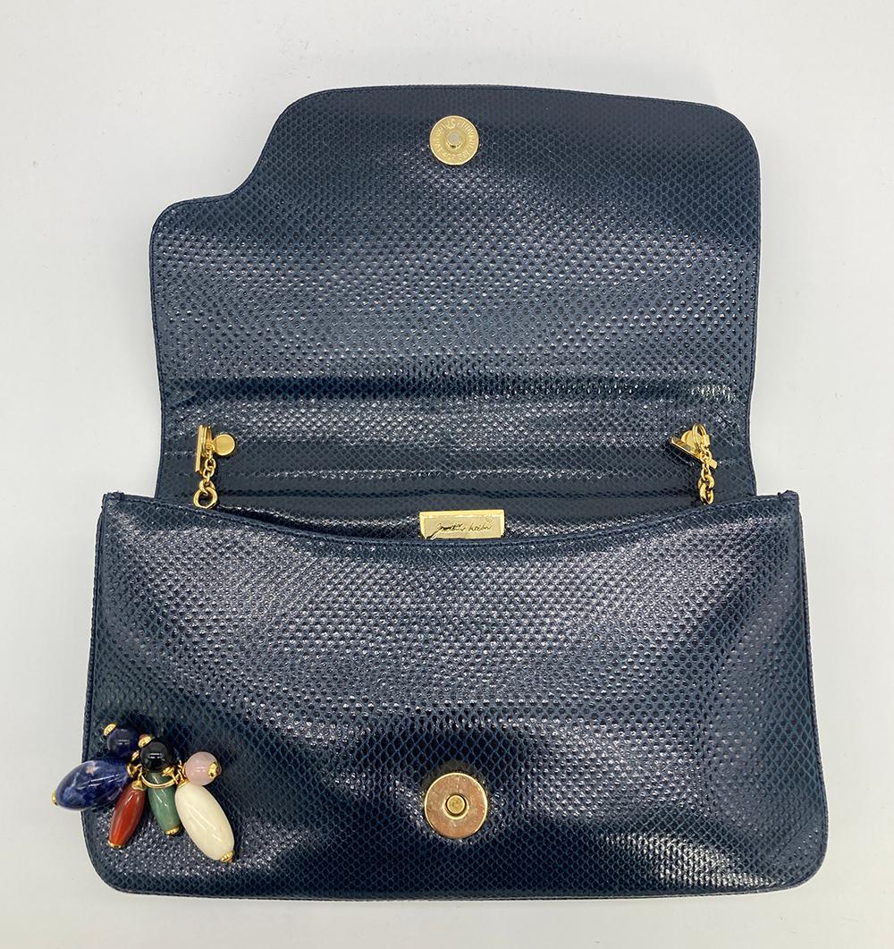 Judith Leiber Navy Lizard Gemstone Beaded Clutch For Sale 3