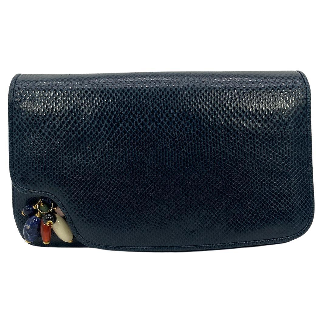 Judith Leiber Navy Lizard Gemstone Beaded Clutch For Sale