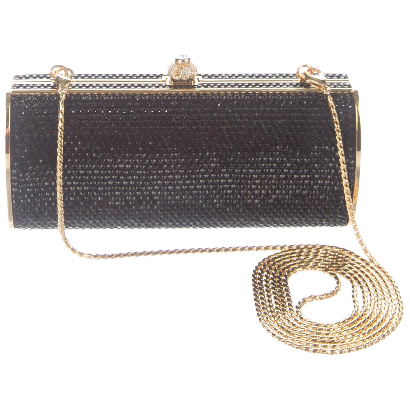 Judith Leiber NEW Black Gold Crystal Evening Box Clutch Shoulder Bag in Box