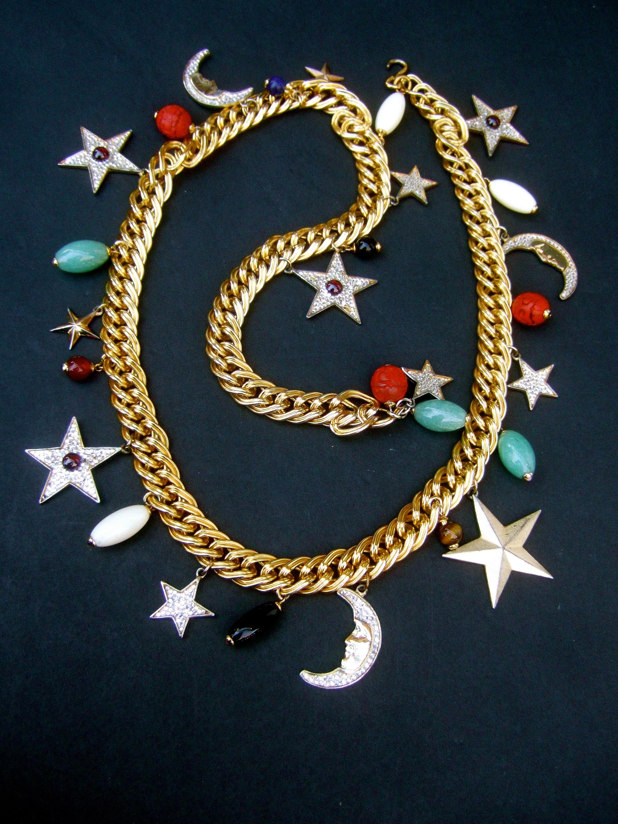 Beige Judith Leiber Ornate Moons & Stars Celestial Glass Beaded Charm Belt c 1980s