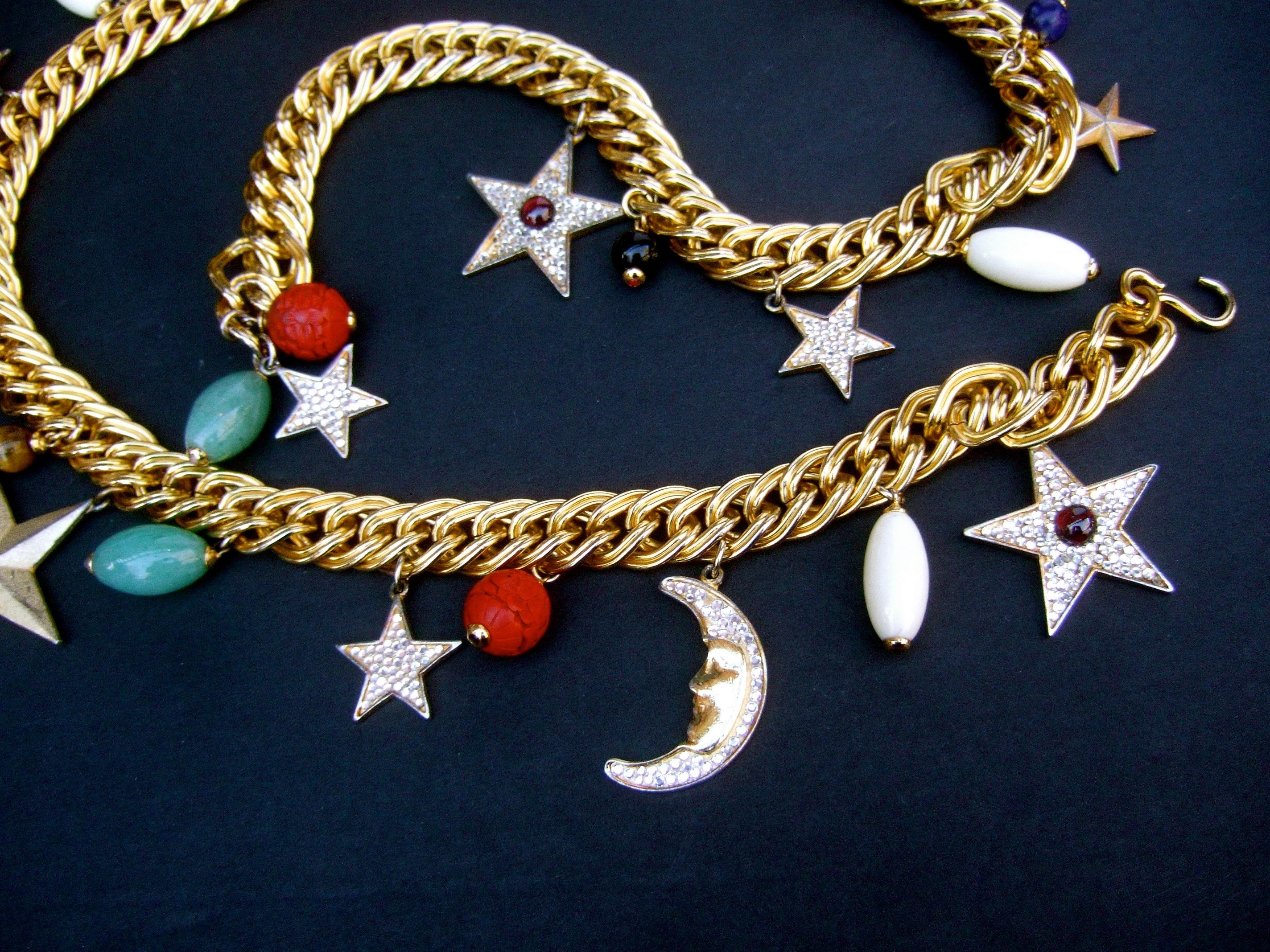 Judith Leiber Ornate Moons & Stars Celestial Glass Beaded Charm Belt c 1980s In Good Condition In University City, MO