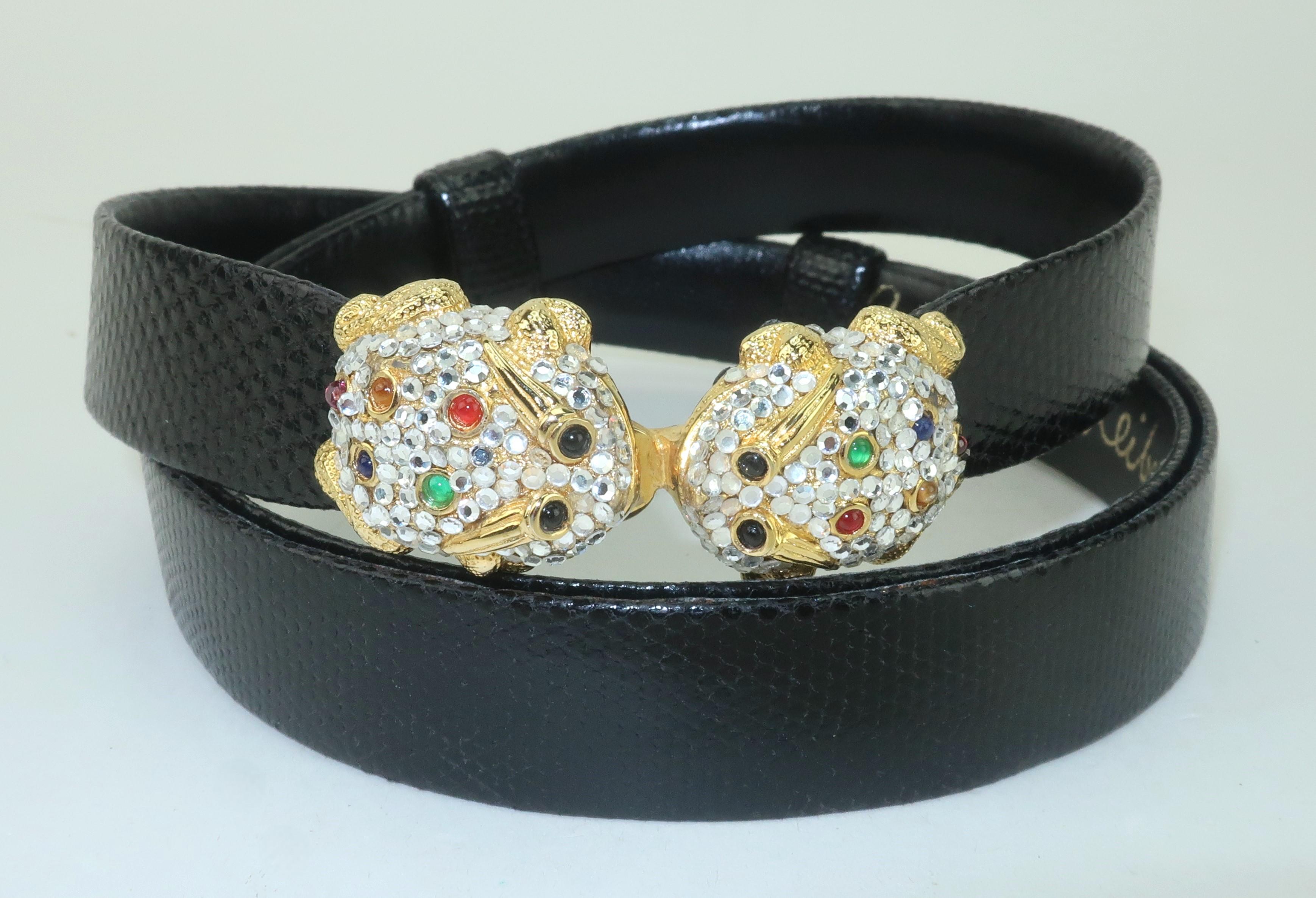 Leap into Spring and Summer wearing a vintage Judith Leiber black lizard skin belt with bejeweled frog buckles.  These little guys are adorable … fashioned out of gold plated metal encrusted with sparkling pave crystals and colorful semi precious