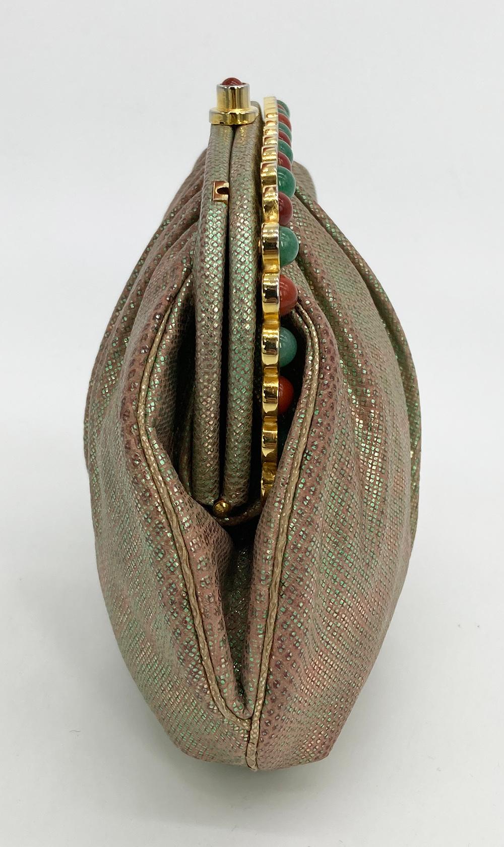 Marrone Pochette Judith Leiber in lucertola metallizzata rosa e verde in vendita