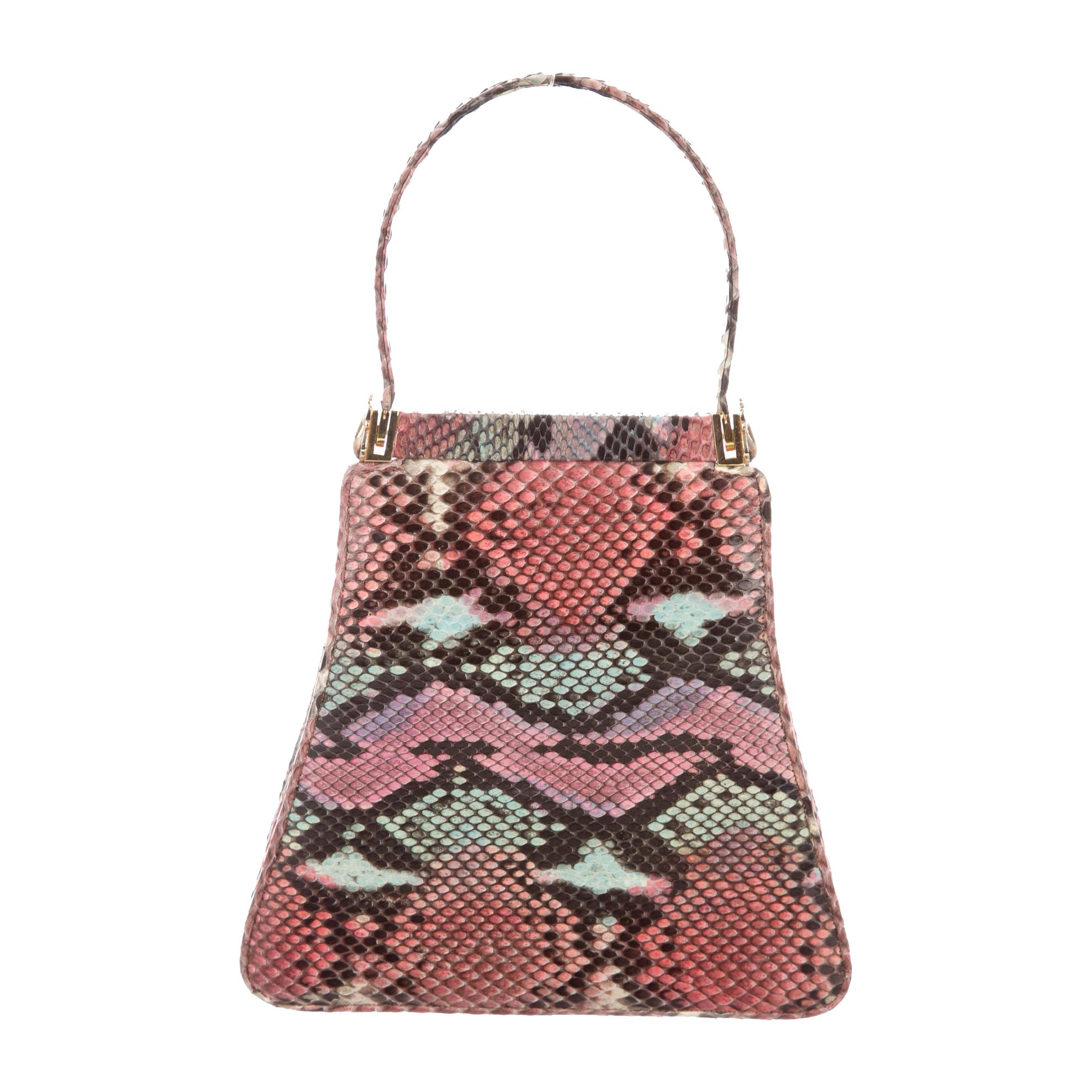 Judith Leiber Pink Python Gold Evening Small Mini Top Handle Satchel Flap Bag