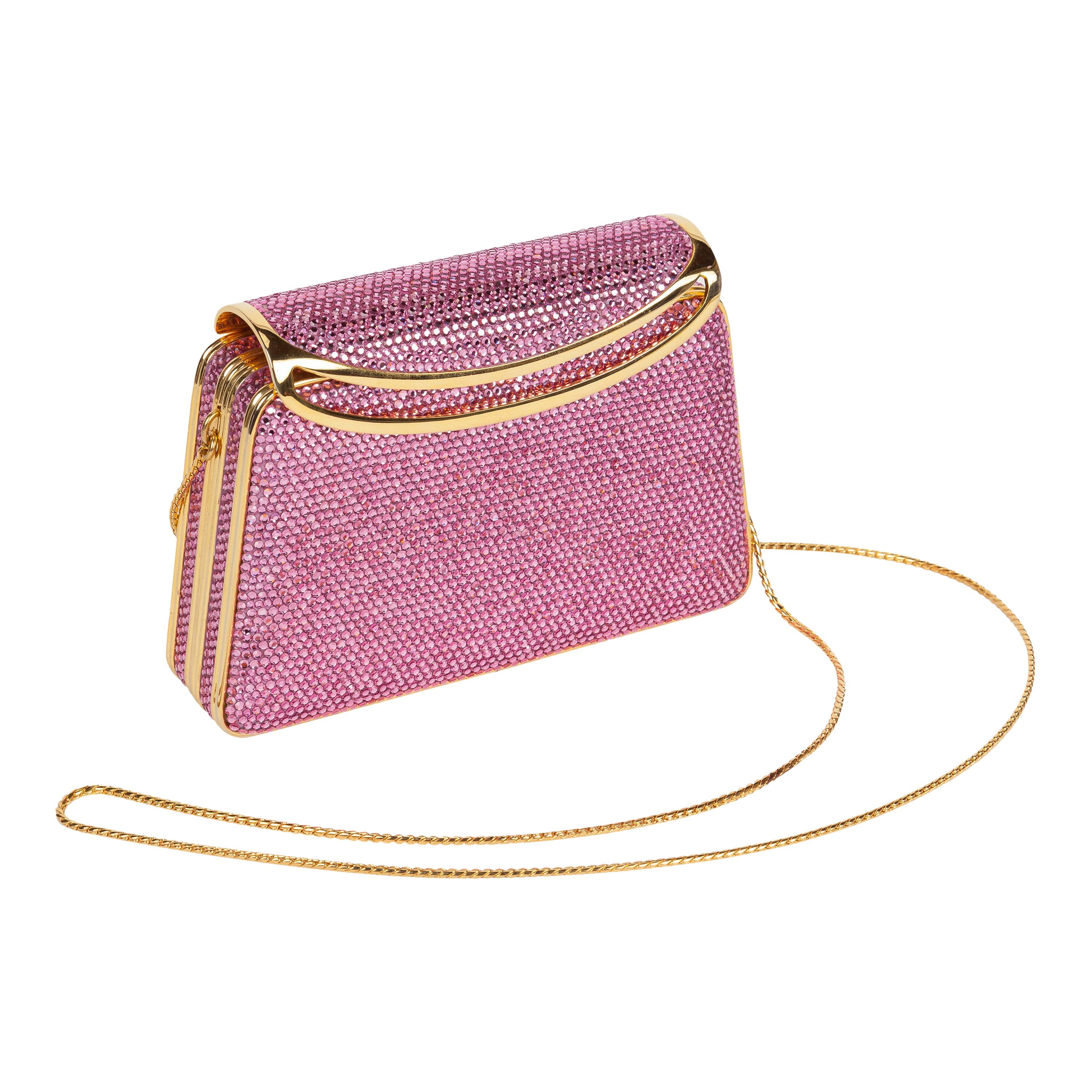 Judith Leiber Pink Swarovski Crystal Minaudière Clutch Evening Bag Purse For Sale