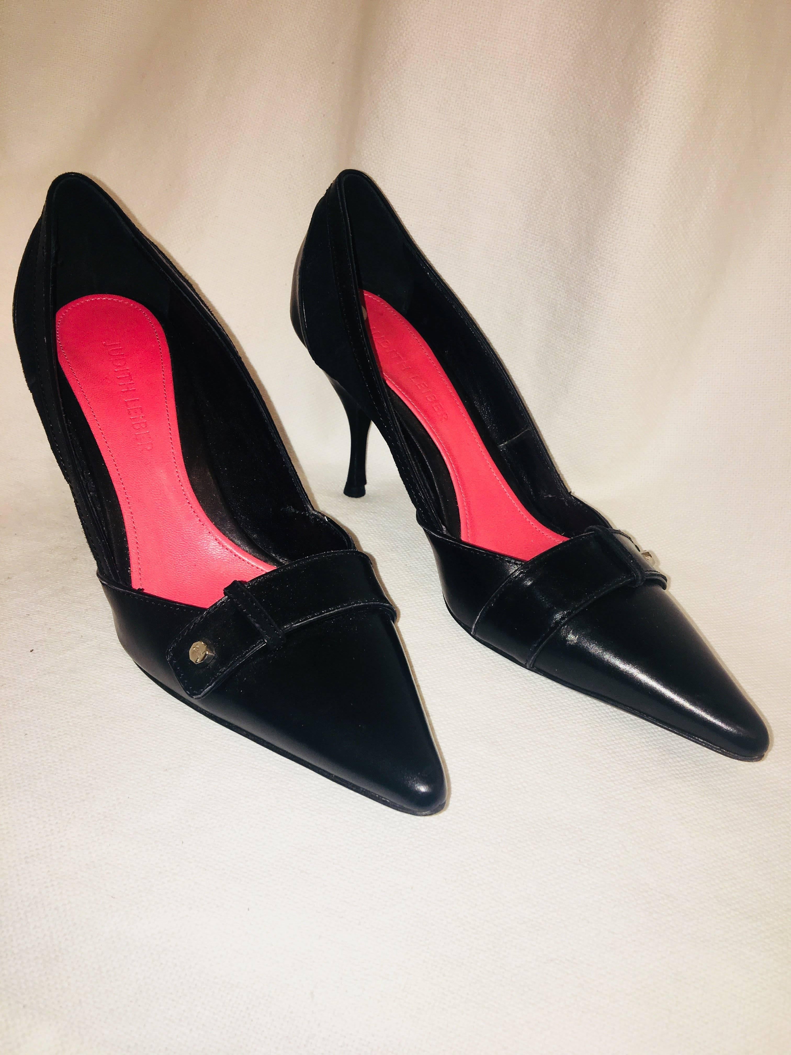 Judith Leiber Black Leather Pumps, Black Suede Detail, and Red Sole.