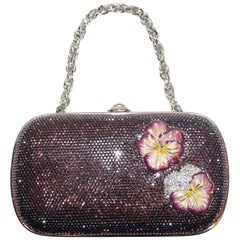 Judith Leiber Purple Crystal Minaudiere Enhanced W/ Two Enamel Pansy Flowers