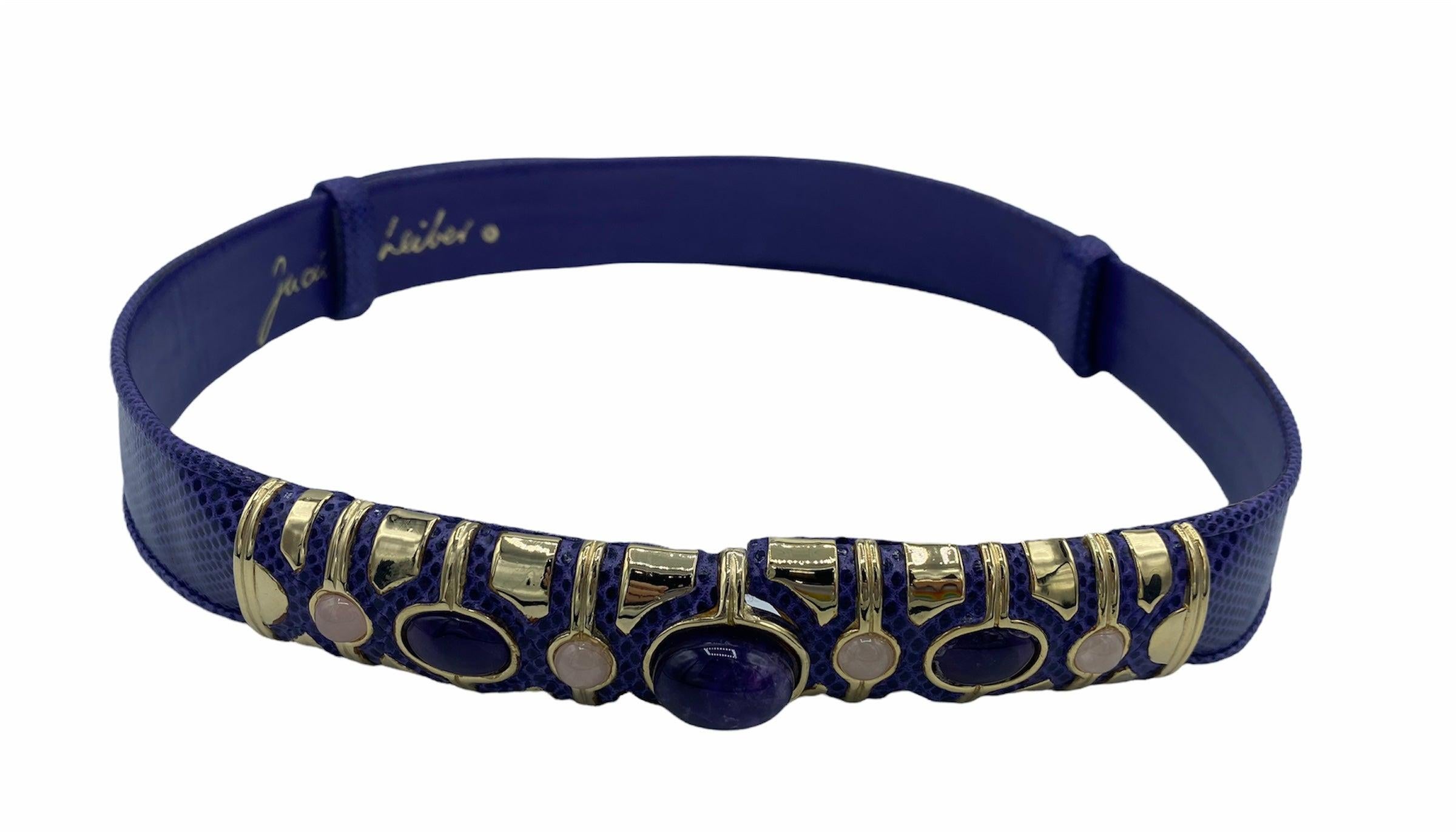Judith Leiber Purple Lizard Belt with Amethyst and Rose Quartz, 1980s In Excellent Condition For Sale In Los Angeles, CA