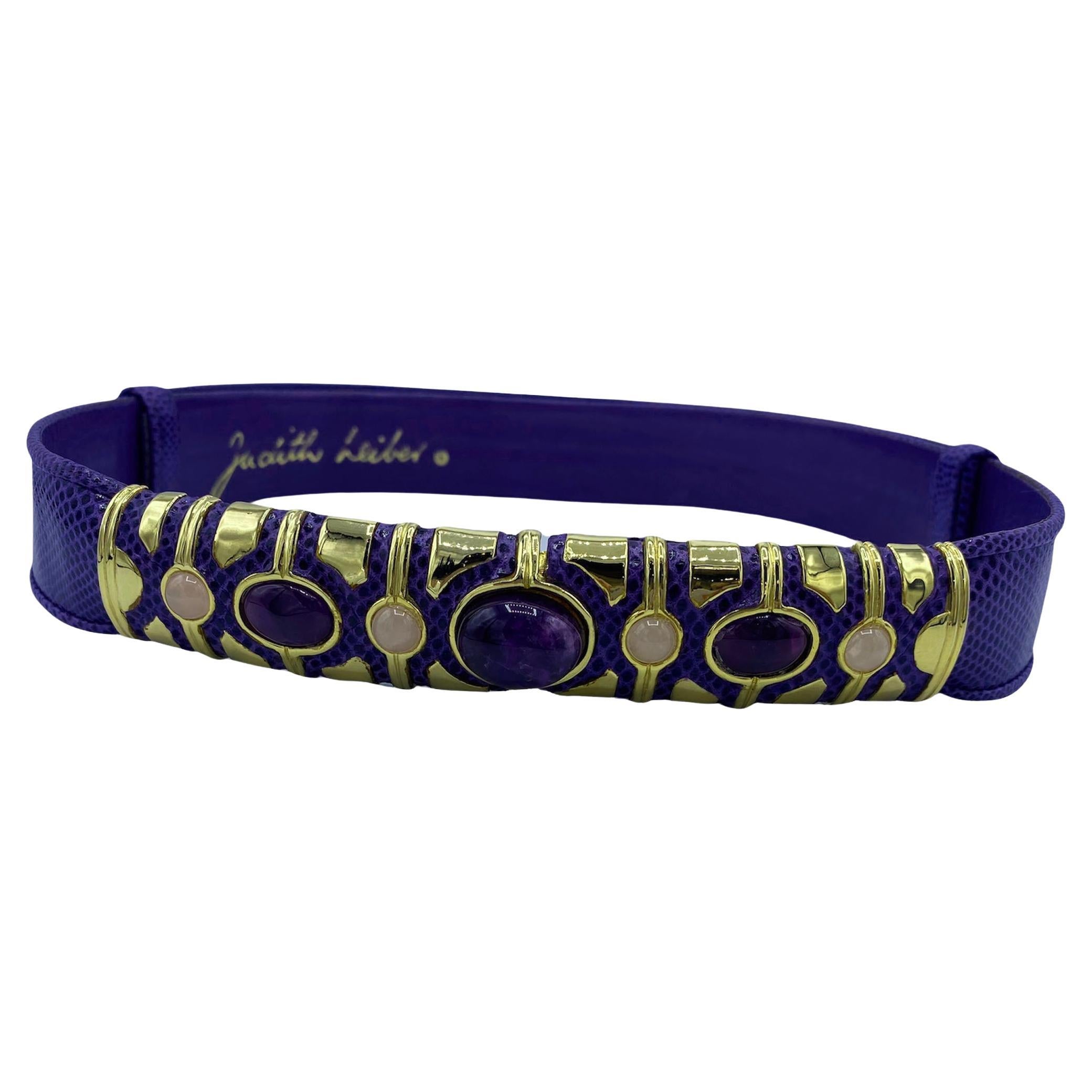 Judith Leiber Purple Lizard Belt with Amethyst and Rose Quartz, 1980s For Sale