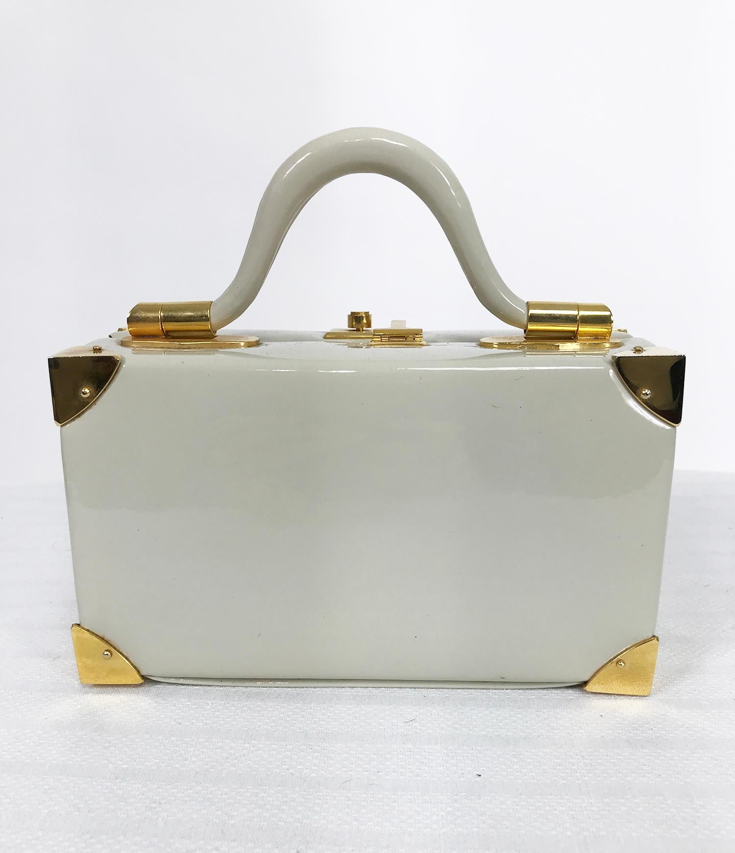 Judith Leiber Rare 1960s Taupe Patent Leather Suit Case Mini Handbag  In Excellent Condition In West Palm Beach, FL