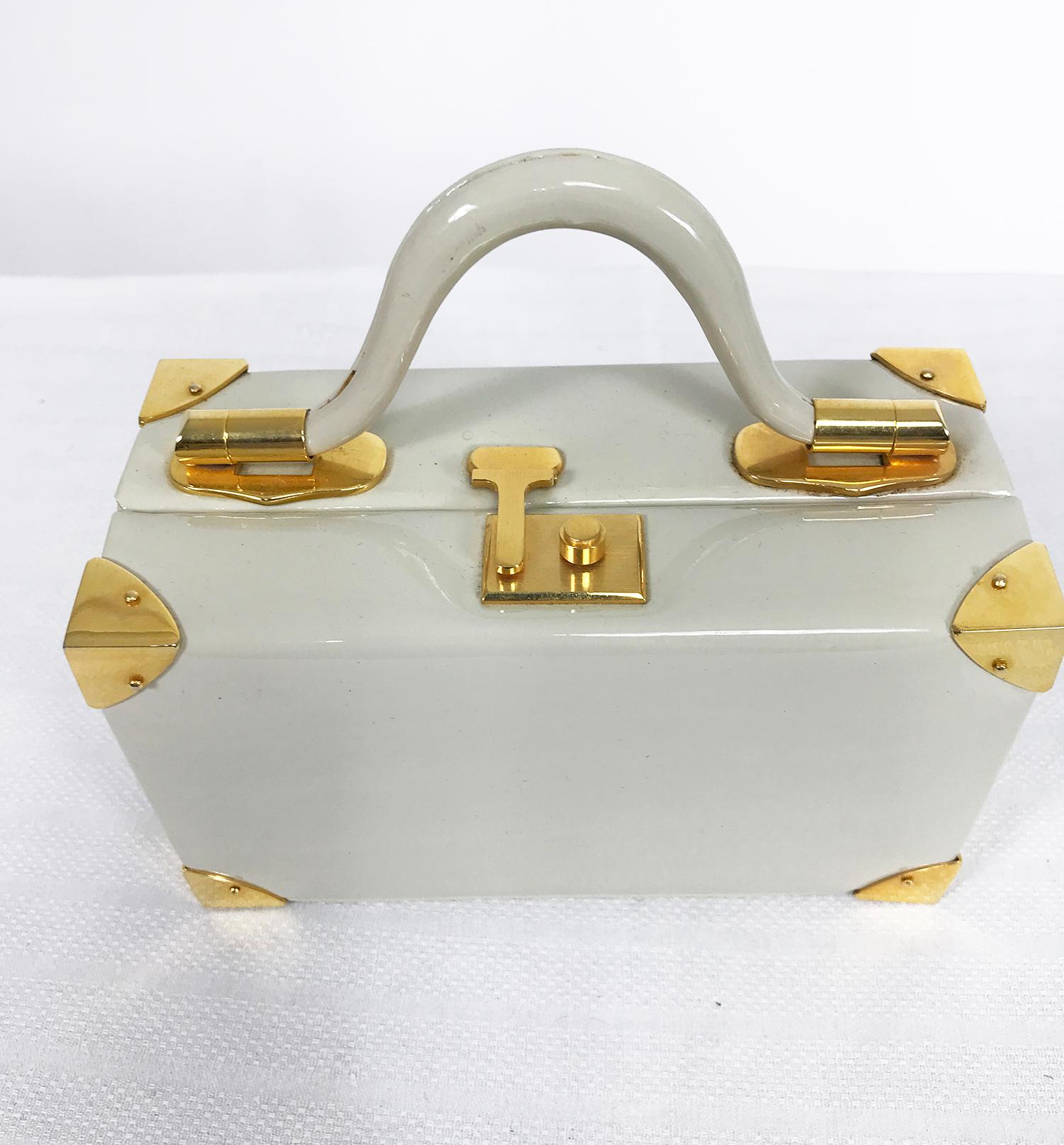 Women's or Men's Judith Leiber Rare 1960s Taupe Patent Leather Suit Case Mini Handbag 