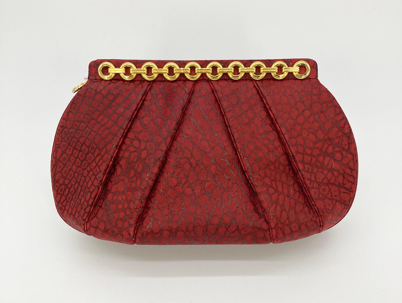 Brown Judith Leiber Red Embossed Alligator Clutch For Sale