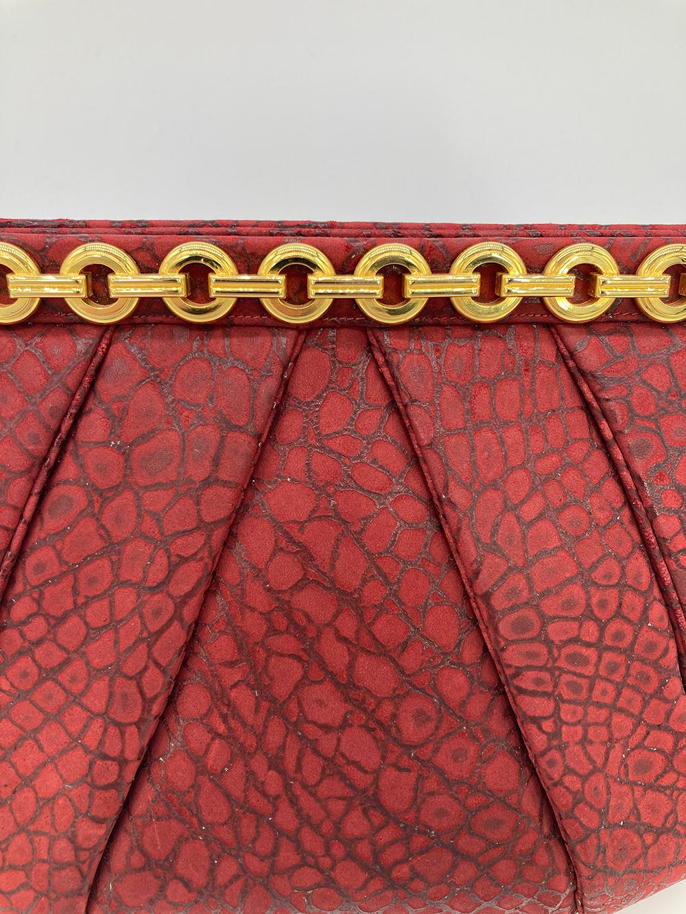 Judith Leiber Red Embossed Alligator Clutch In Good Condition For Sale In Philadelphia, PA