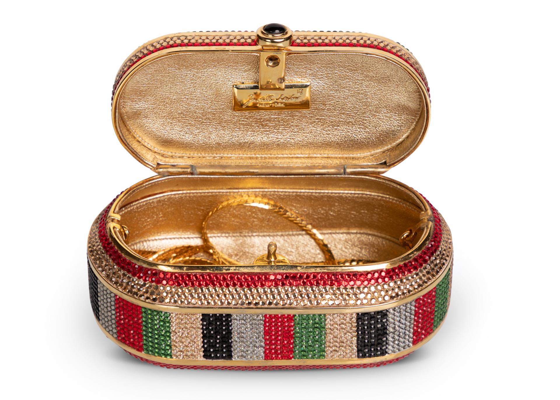 Judith Leiber Red Green Gold Crystal Box Minaudiere Evening Bag In Excellent Condition In Boca Raton, FL