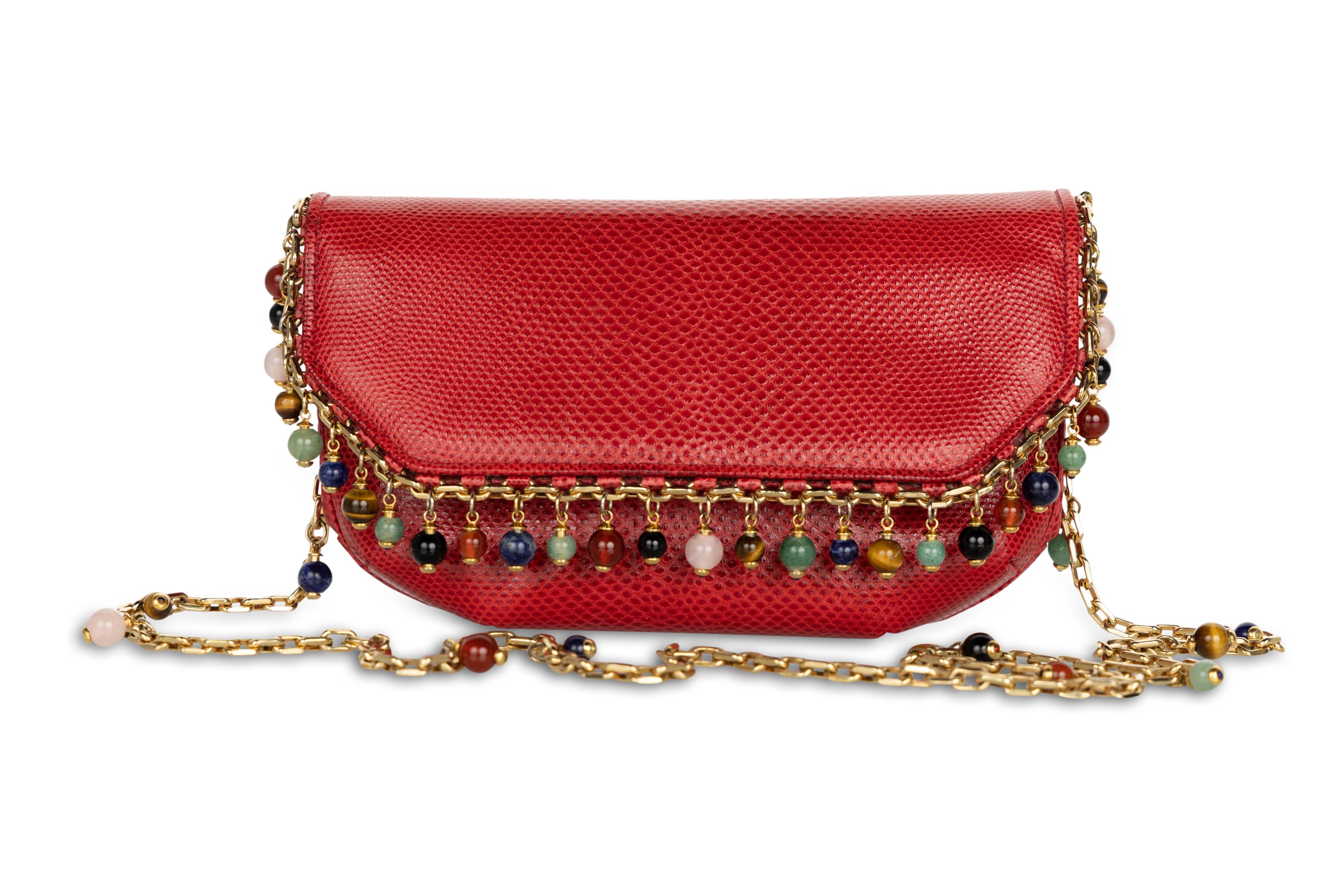 Women's Judith Leiber Red Karung  Semiprecious Stones Gold Chain Bag Clutch For Sale