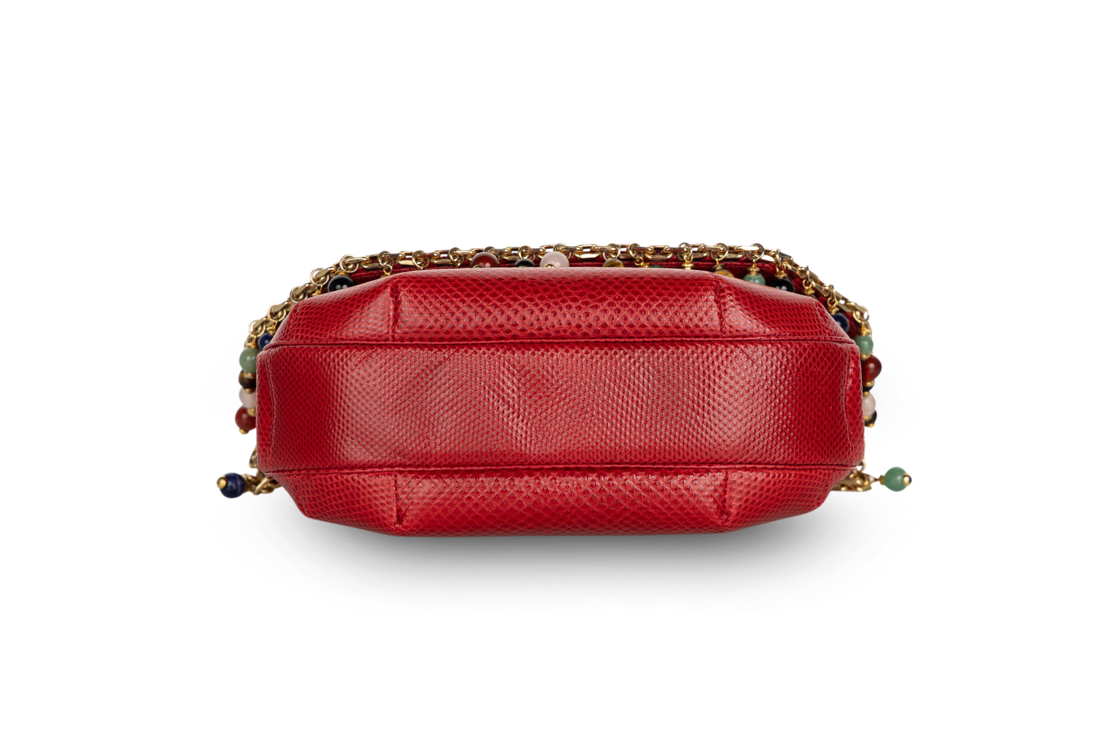 Judith Leiber Red Karung  Semiprecious Stones Gold Chain Bag Clutch For Sale 1