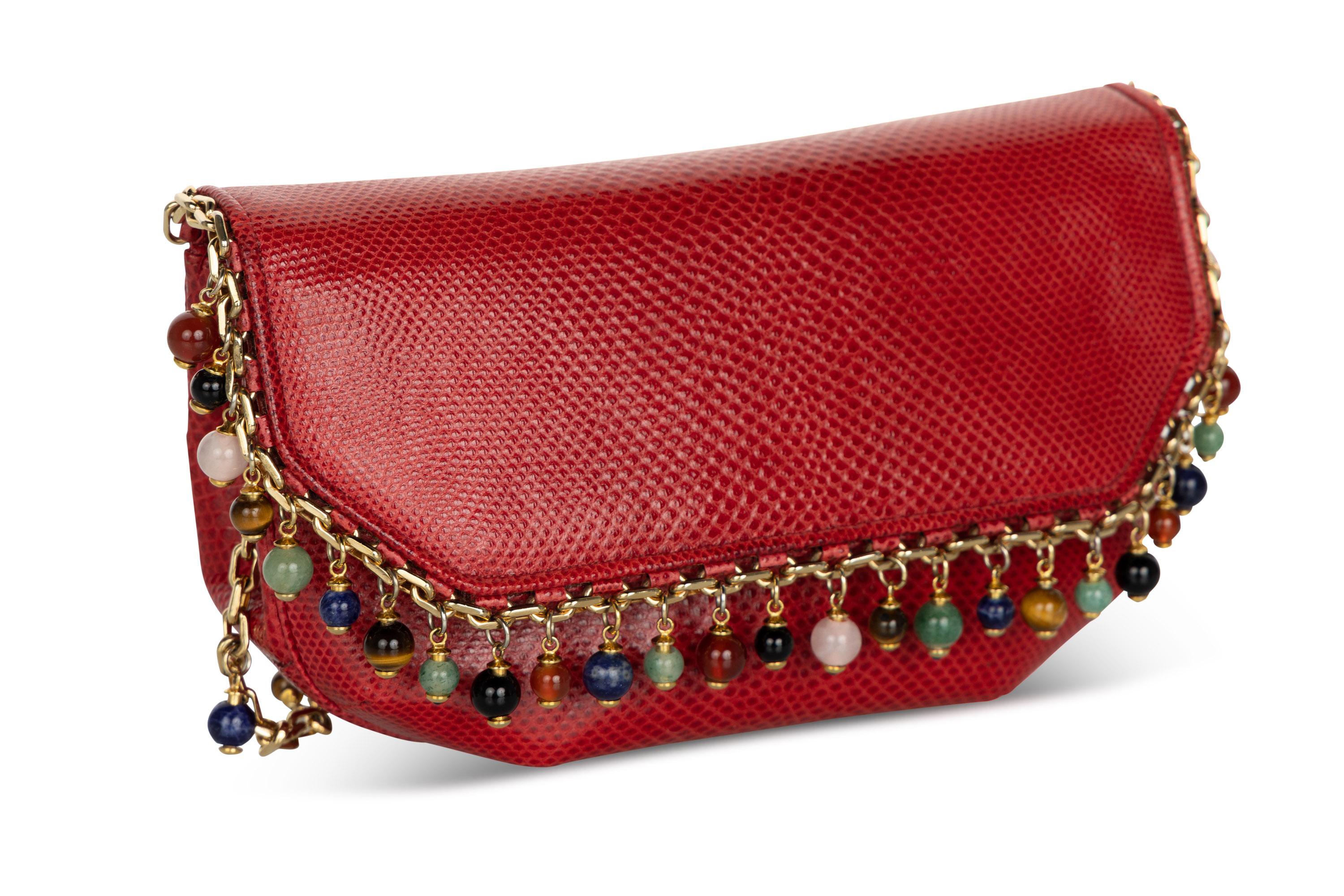 Judith Leiber Red Karung  Semiprecious Stones Gold Chain Bag Clutch In Excellent Condition For Sale In Boca Raton, FL