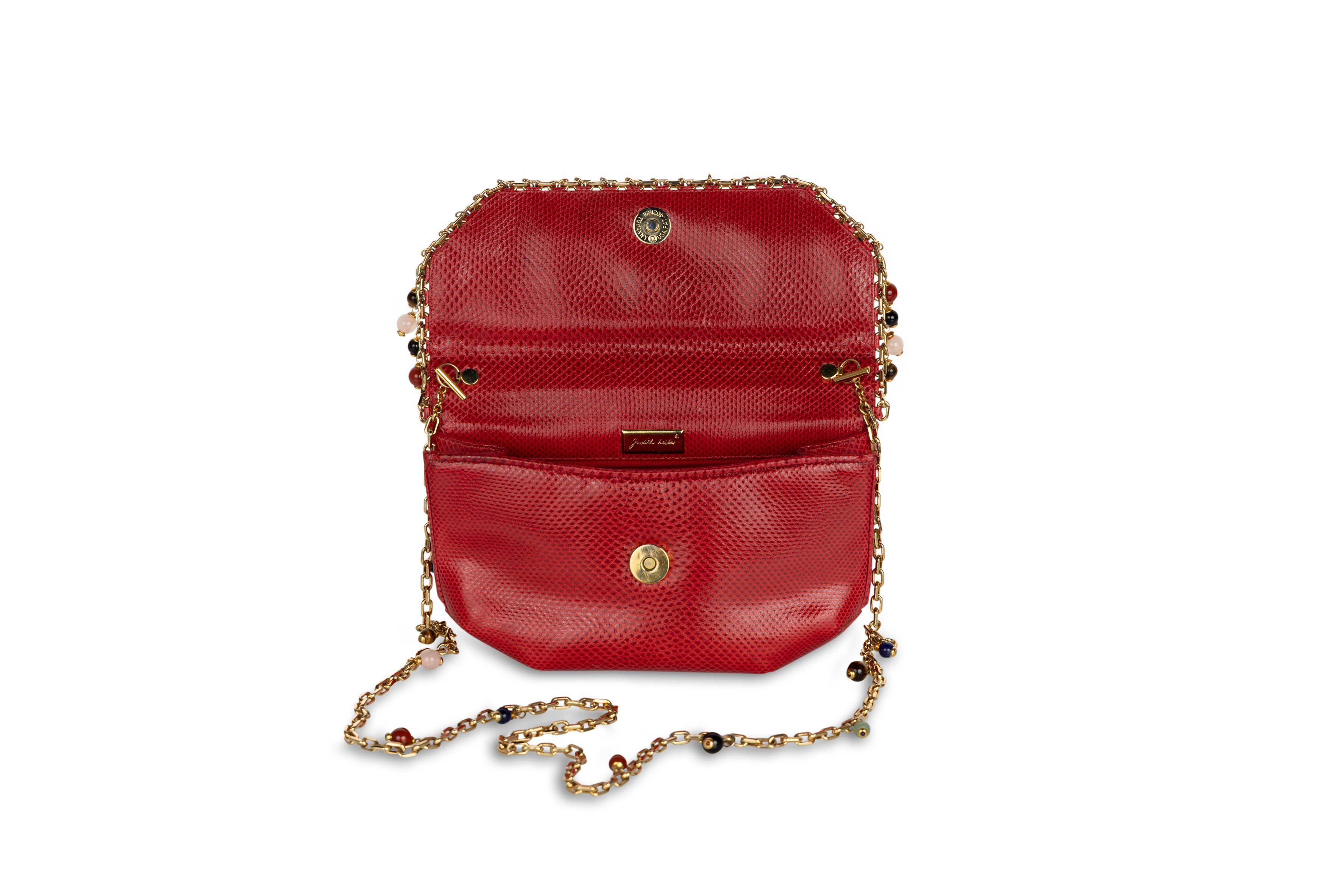 Judith Leiber Red Karung  Semiprecious Stones Gold Chain Bag Clutch For Sale 2