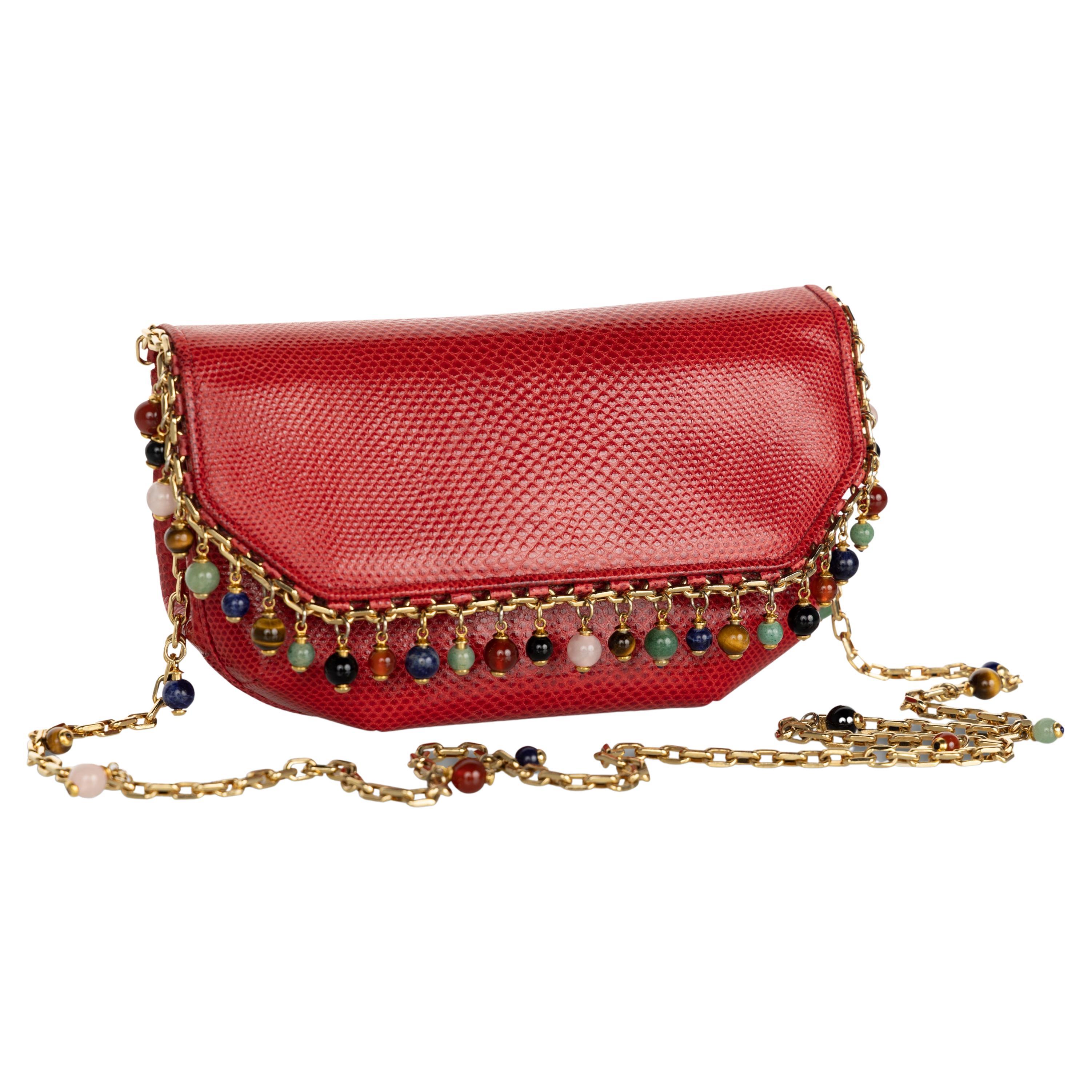 Judith Leiber Red Karung  Semiprecious Stones Gold Chain Bag Clutch For Sale