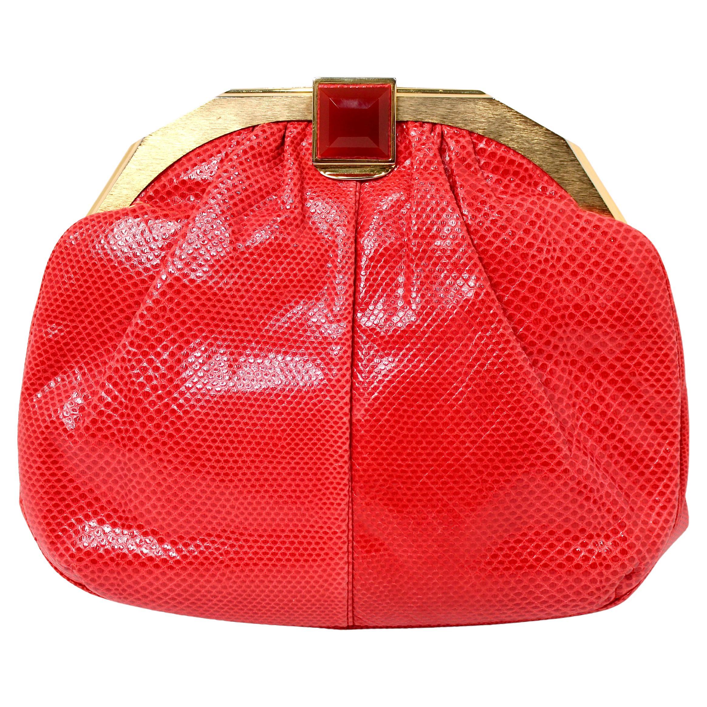 Judith Leiber Red Lizard Clutch With Strap circa 1980s