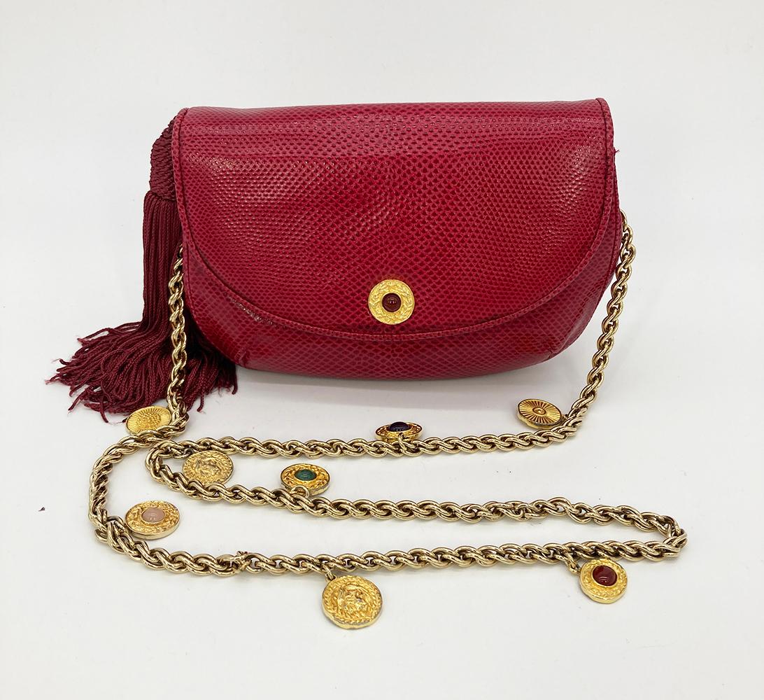 Judith Leiber Red Lizard Tassel Charm Strap Clutch Shoulder Bag For Sale 3