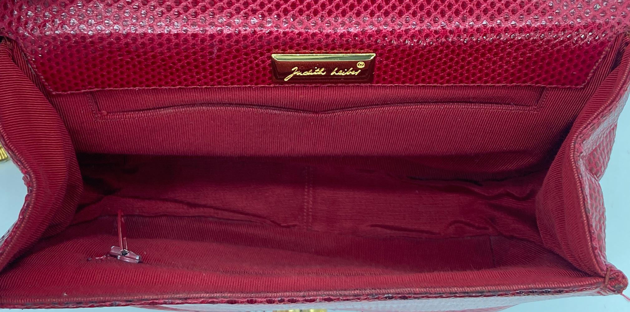 Judith Leiber Red Lizard Tassel Charm Strap Clutch Shoulder Bag For Sale 7