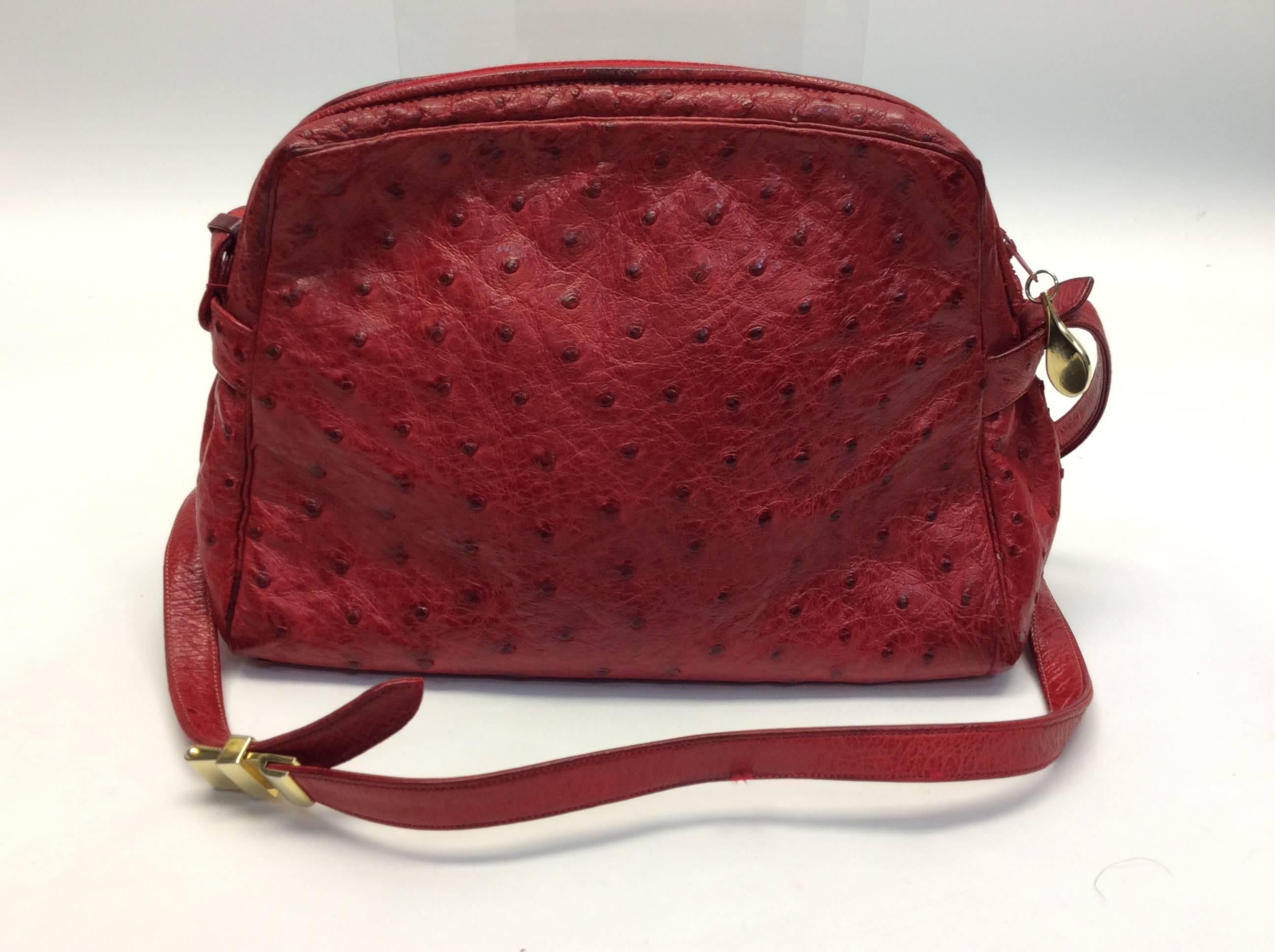 Judith Leiber Red Ostrich Leather Vintage Crossbody In Excellent Condition For Sale In Narberth, PA