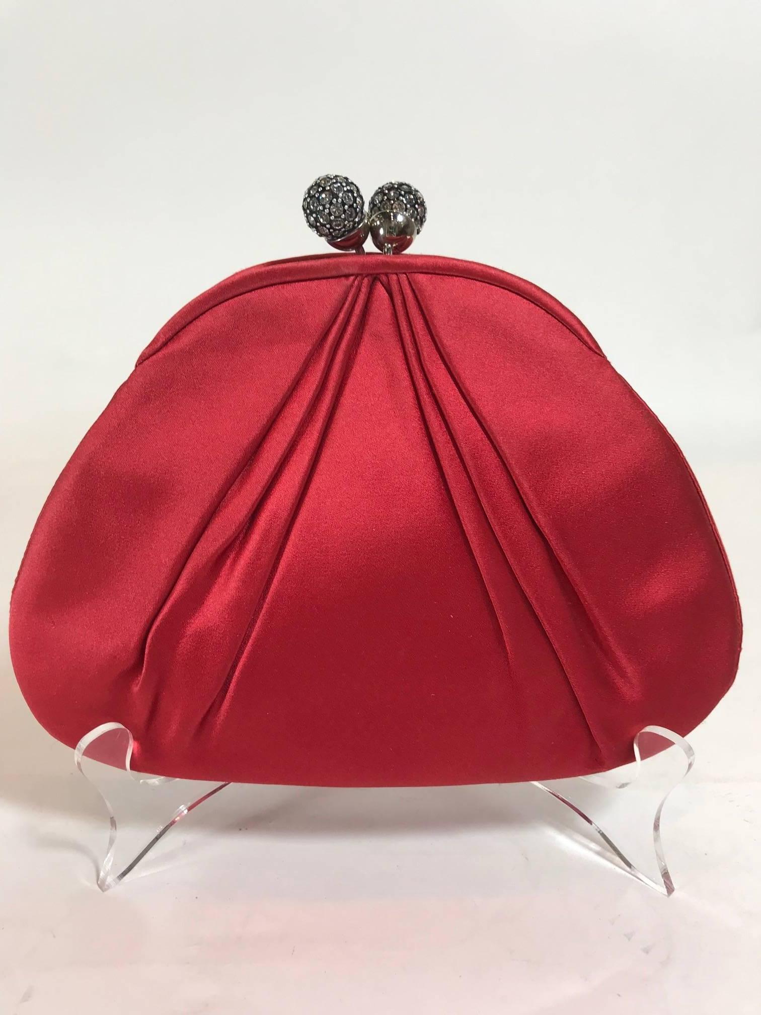 Judith Leiber Red Satin Clutch In Excellent Condition In Roslyn, NY