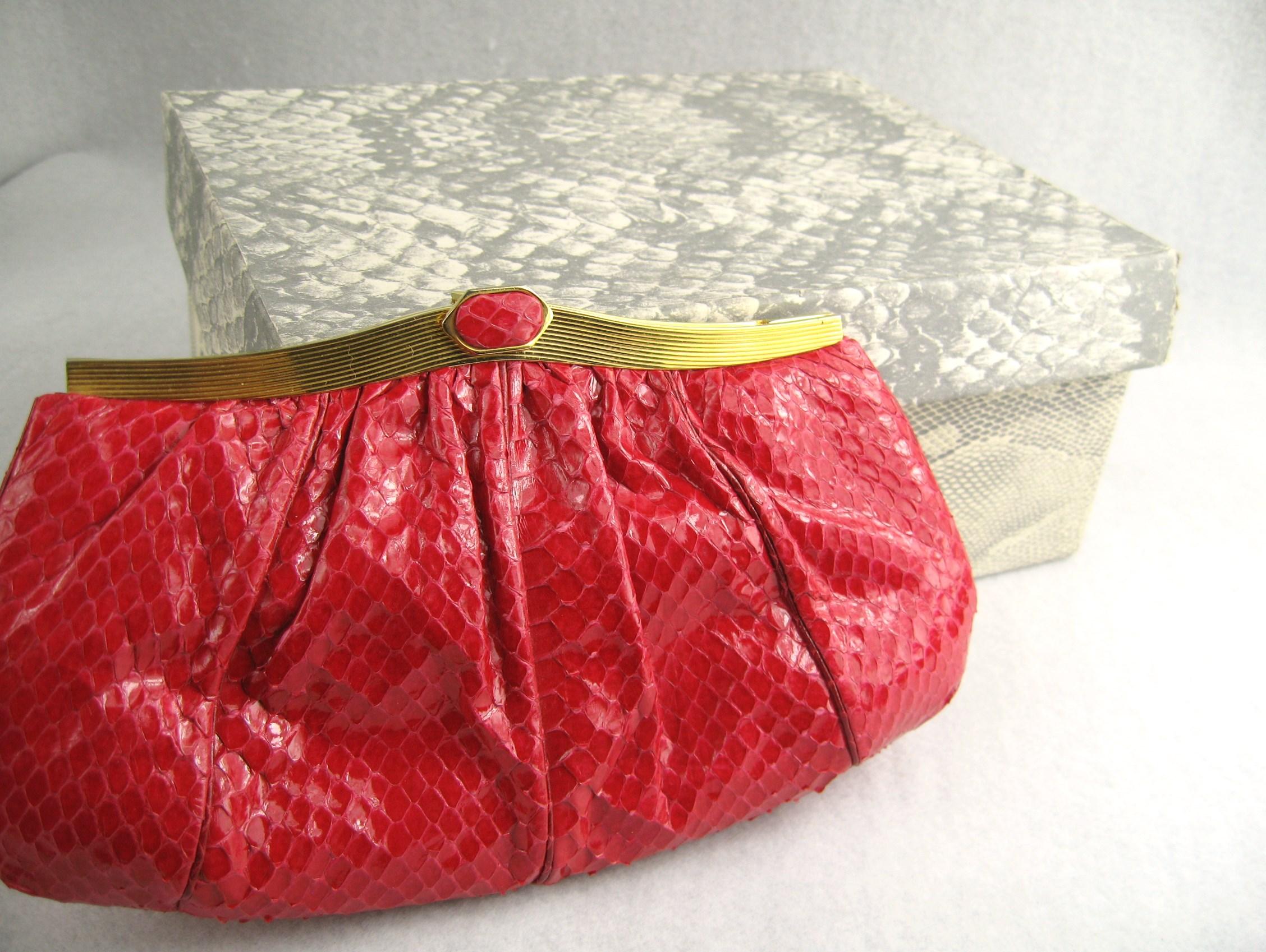 Judith Leiber Red Snake Skin Clutch Handbag  4