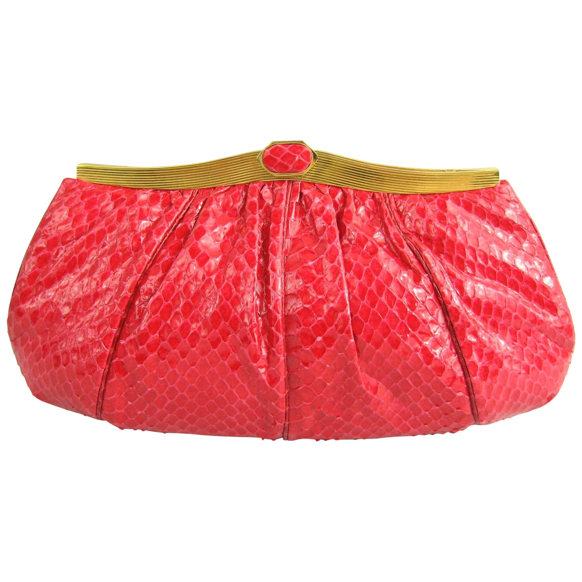 Judith Leiber Red Snake Skin Clutch Handbag 