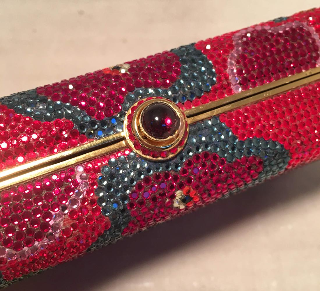 Judith Leiber Red Swarovski Crystal Floral Print Minaudiere Evening Bag Clutch In Excellent Condition In Philadelphia, PA