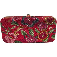 Judith Leiber Red Swarovski Crystal Floral Print Minaudiere Evening Bag Clutch