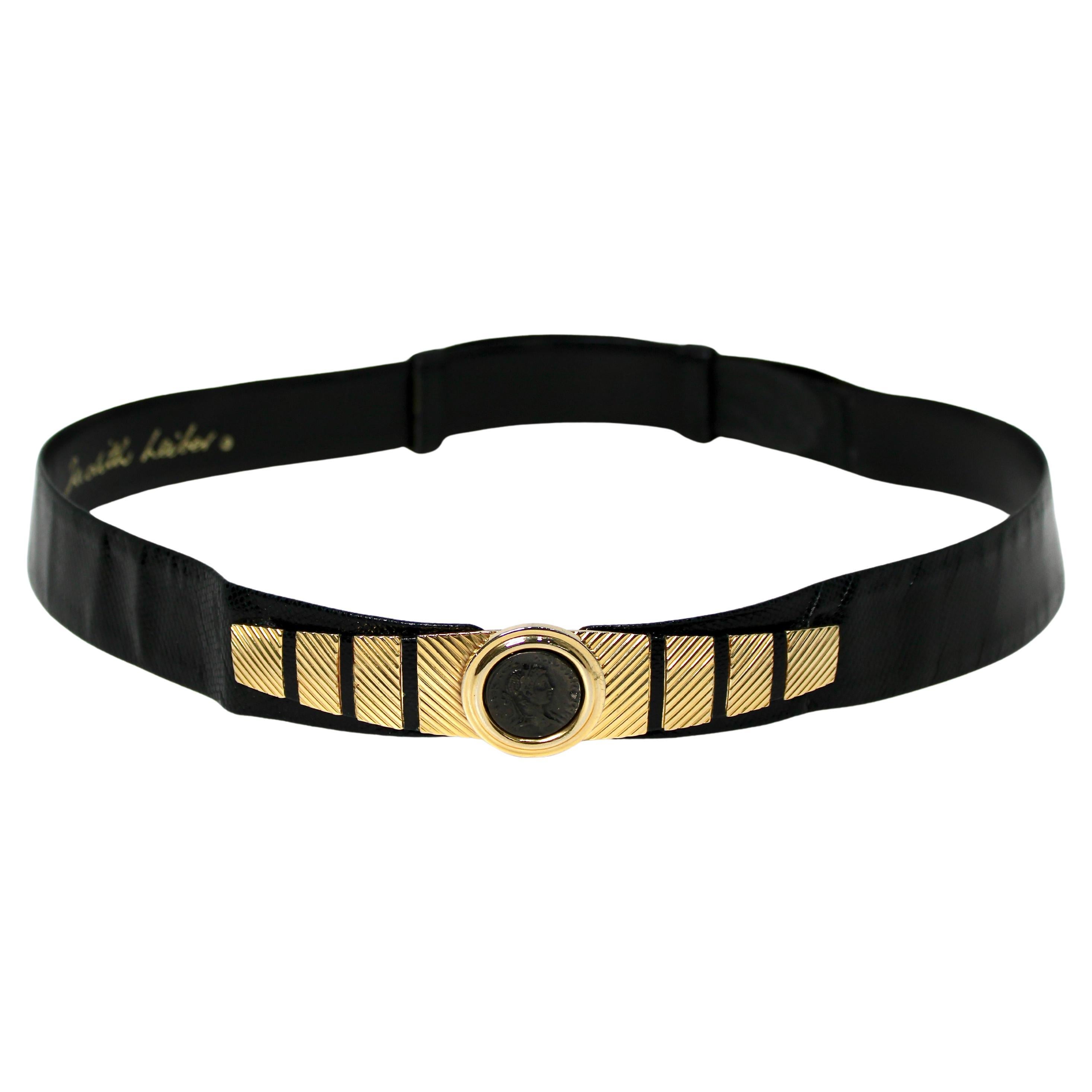 Judith Leiber Roman Coin Black Snakeskin Leather Belt circa 1980s